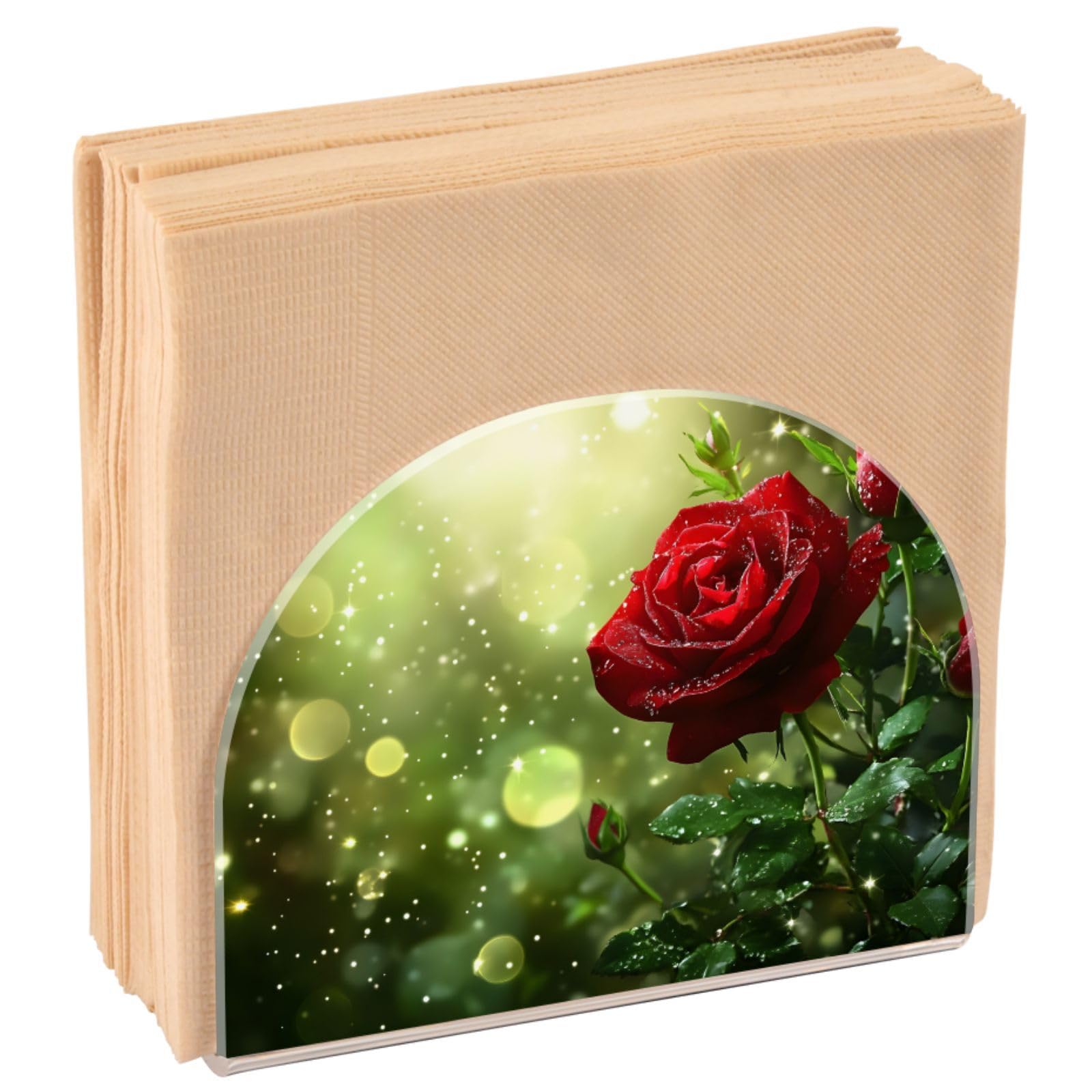 Napkin Holder for Table, Red Rose Acrylic Paper Napkin Holder, Kitchen Tissue Paper Dispenser Cocktail Napkin Holder for Dining Table, Party Guest, Bathroom