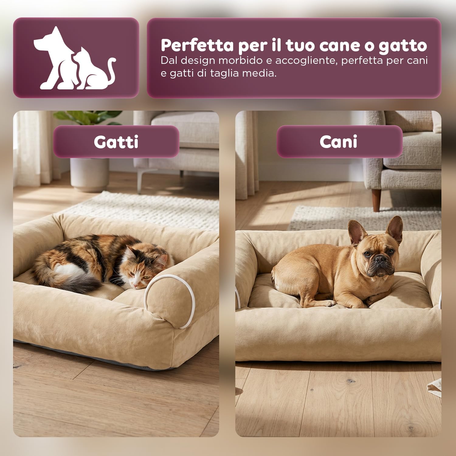 Wintem - Divano XXL Beige per Cani Morbido con Bordi Rialzati, Cuccia Interno Antistress per Cani e Gatti, Supporto Testa e Collo, Utilizzo Quotidiano, Design Elegante e Lavabile