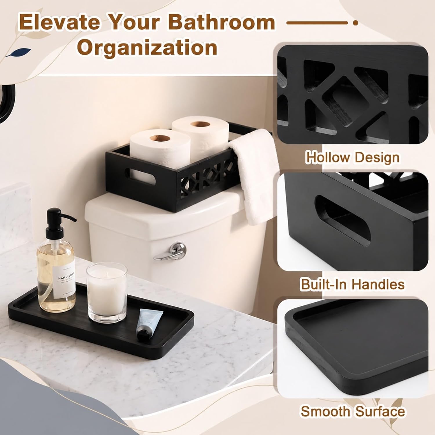 SiliFine Toilet Tank Basket and Tray Set Black Wooden Toilet Tank Top Storage Basket Farmhouse Bathroom Storage Organizer with Hollow Pattern Handles for Bathroom Paper Rolls Countertop Shelf