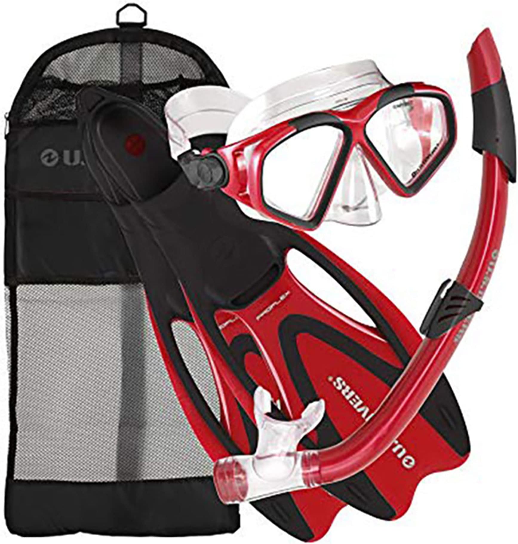 Cozumel Seabreeze Adult Snorkeling Combo Set with Adjustable Mask, Snorkel, Extra-Large Fins (11.5-13), and Travel Bag, Red, SR259O0601XL