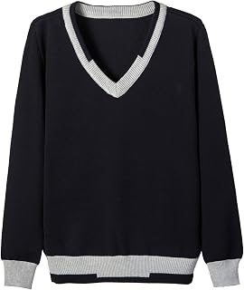 Unisex V Neck Pullover Sweater with Stripe Trim Cotton Windproof Cuffs