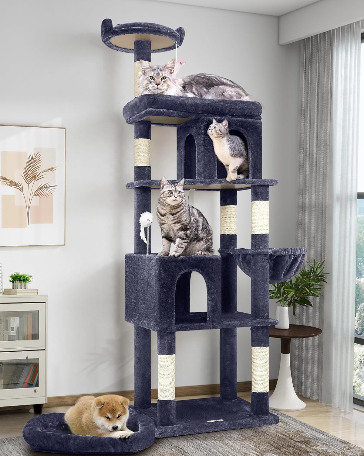 Globlazer Tiragraffi Grandi per Maine Coon, Tiragraffi per Gatti Alto 183 cm con Grotte Piattaforma Cesto Cuccia, Albero Gatti Stabile per Gatto Adulti Riposare Giocare Interno (S72, Grigio Fumo)