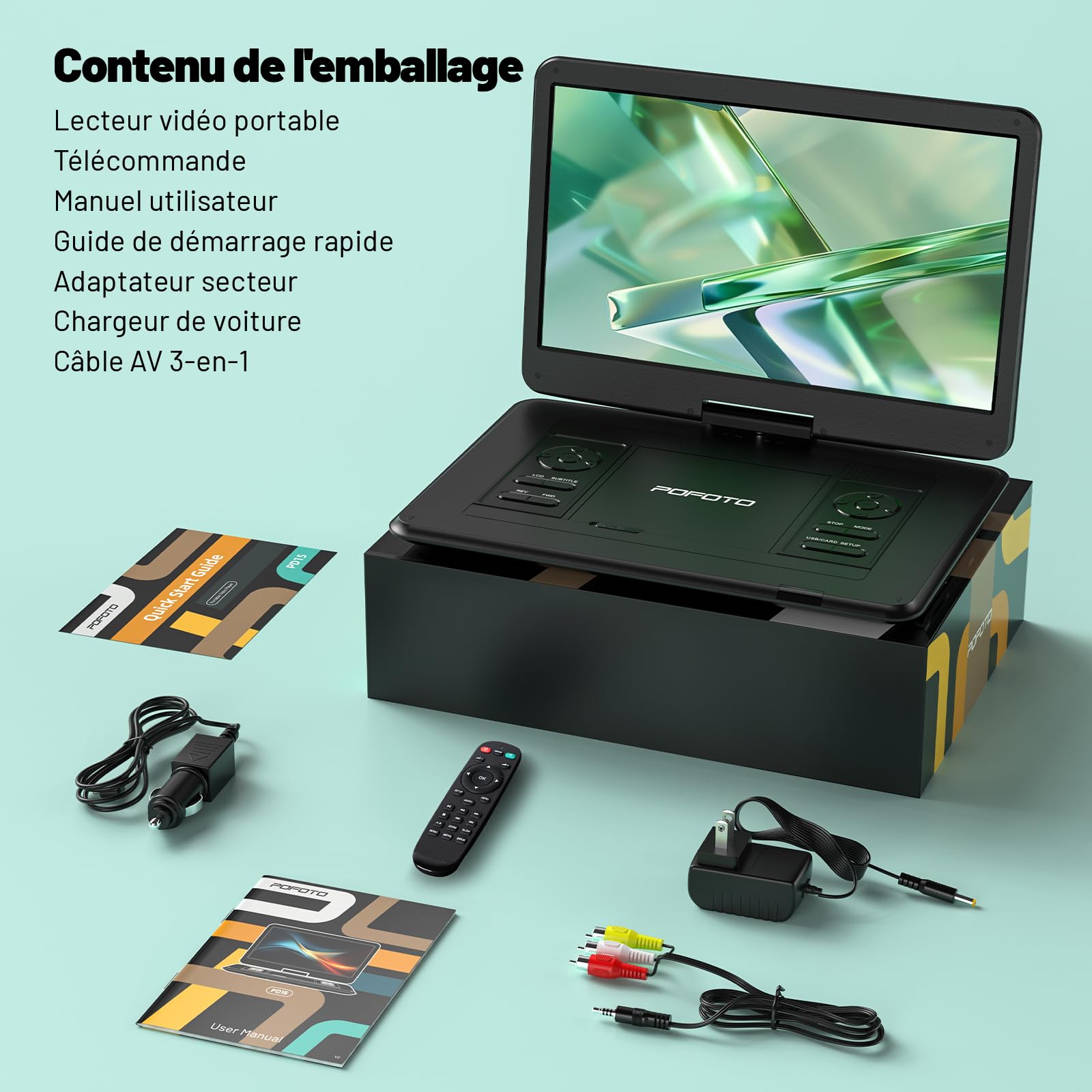 POFOTO Lecteur DVD Portable 17,5'' Écran Pivotant HD 15,6" 6h Autonomie Multiformat Disques SD USB sans Région Sortie TV Projecteur Haut-parleurs Stéréo