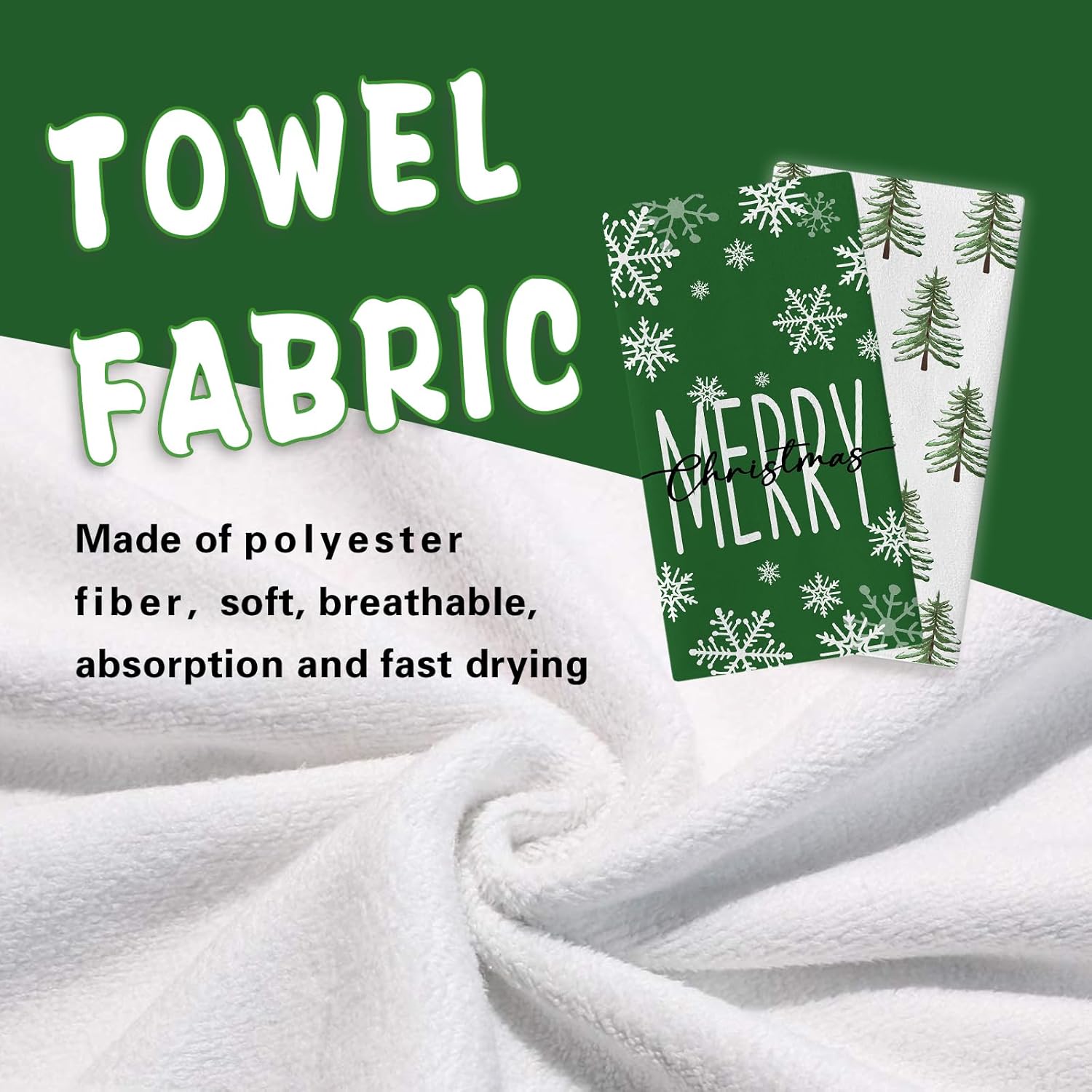 Merry Christmas Tree Green Kitchen Dish Towels Set of 2, Xmas Snowflake Drying Hand Towel Baking Cooking Cloth, Winter Holiday Farmhouse Bathroom Home Decoration 18 x 26 Inches - Image 4