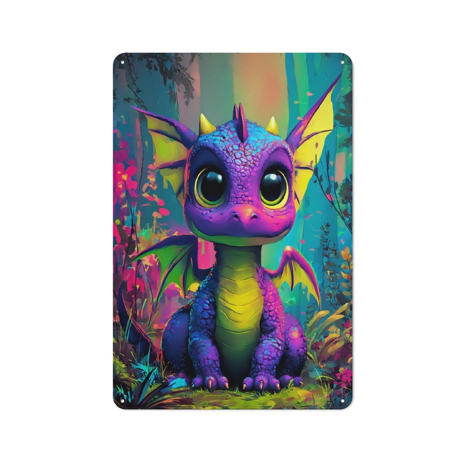 Junmoney Colorful Fantasy Dragon In Forest -2 Retro Metal Plaque 30X20cm For Guest Room Or Hallway, Housewarming Present For People Styling Guest Room And Hallway