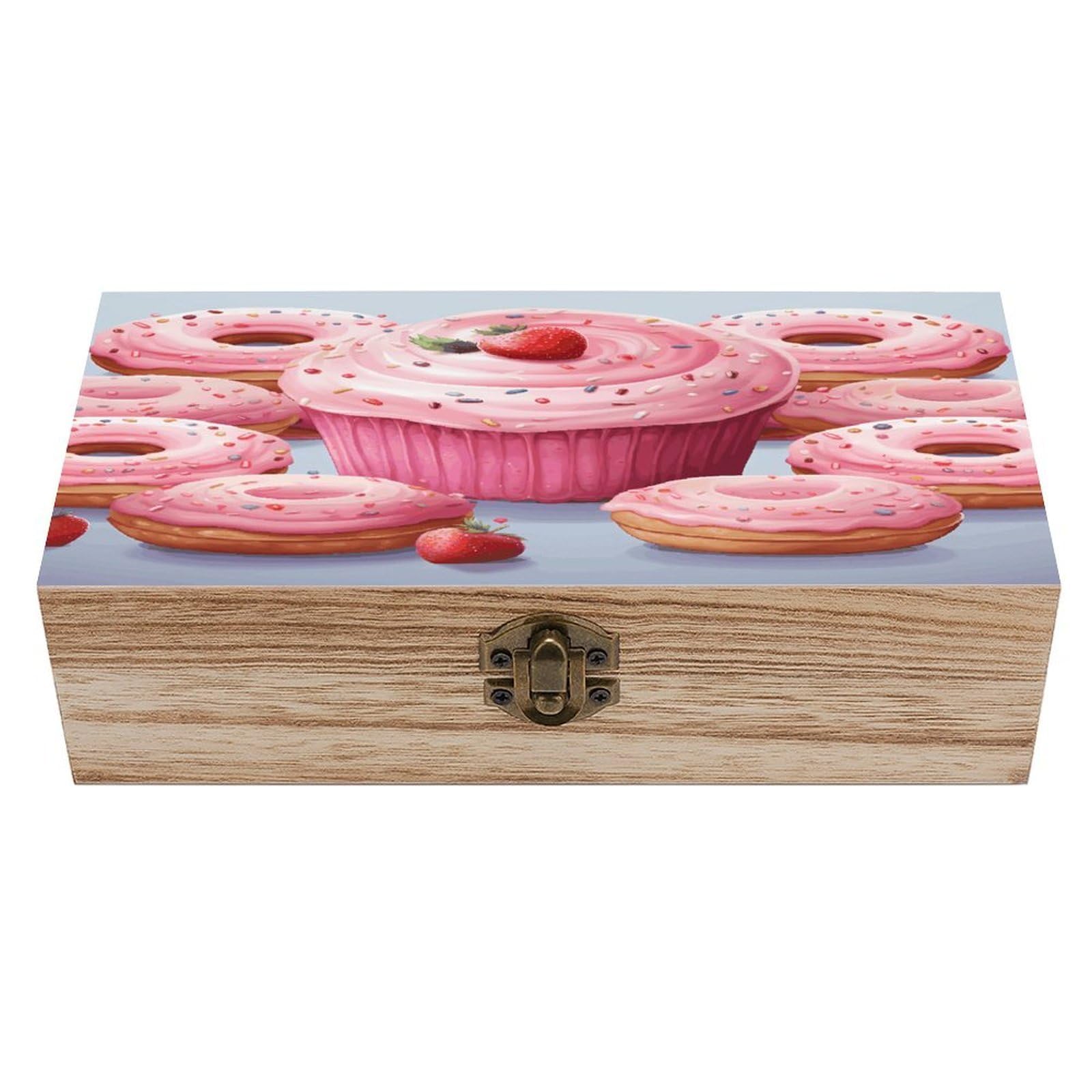 VstaDank Pink Donut And Cupcake Wooden Storage Box with Hinged Lid Natural Wooden Box Beautifully Keepsake Boxes Vintage Wood Boxes Jewelry Organizer Trinket Storage Chest Unique Gift