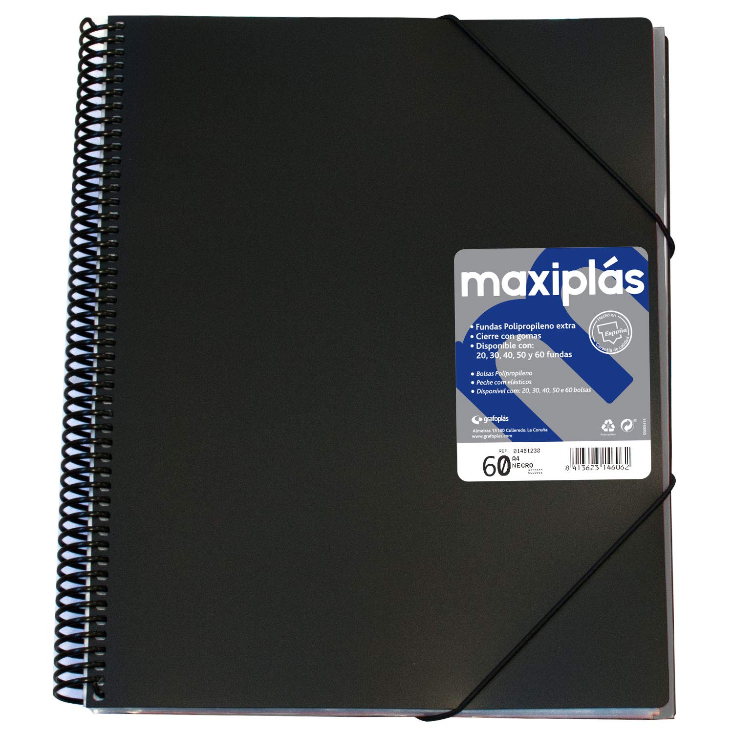 Grafoplás 39826010 Maxiplas Folder with Covers, 60 Transparent Covers, Rigid Covers, Black, A4