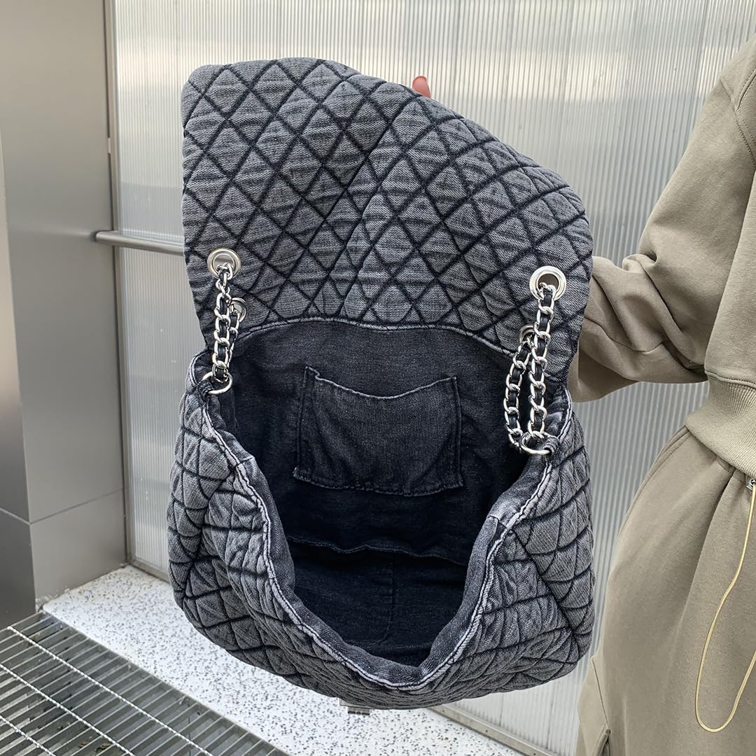 Borsa da donna grigia casual con motivo a scacchi di diamanti denim retrò moda monospalla