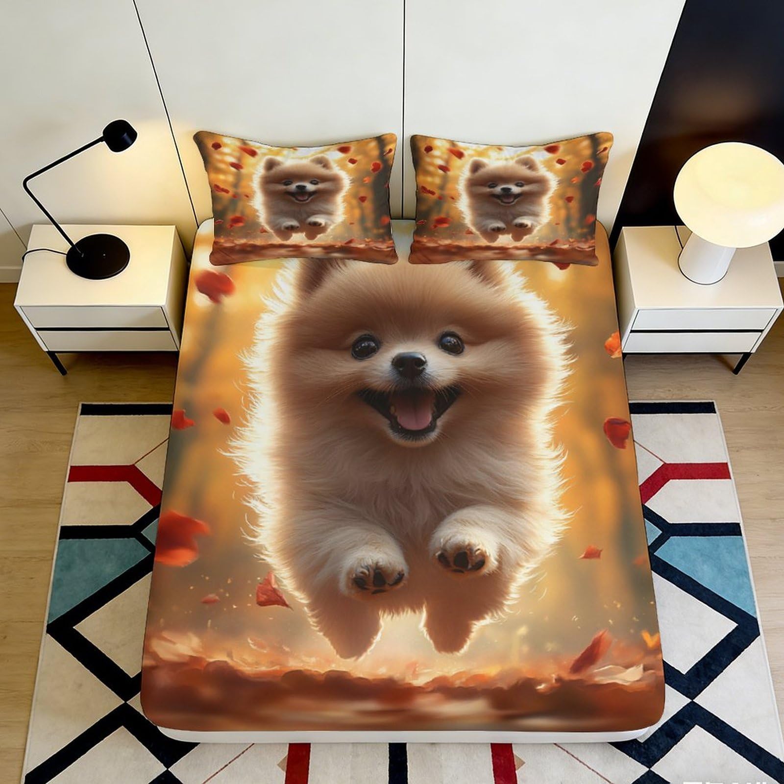 3D Printed Cute Pomeranian Fitted Sheet Microfiber Soft Animal Cartoon Dog Mattress Cover for Bedroom Dorm Decorative Bedding 90x200x25cm