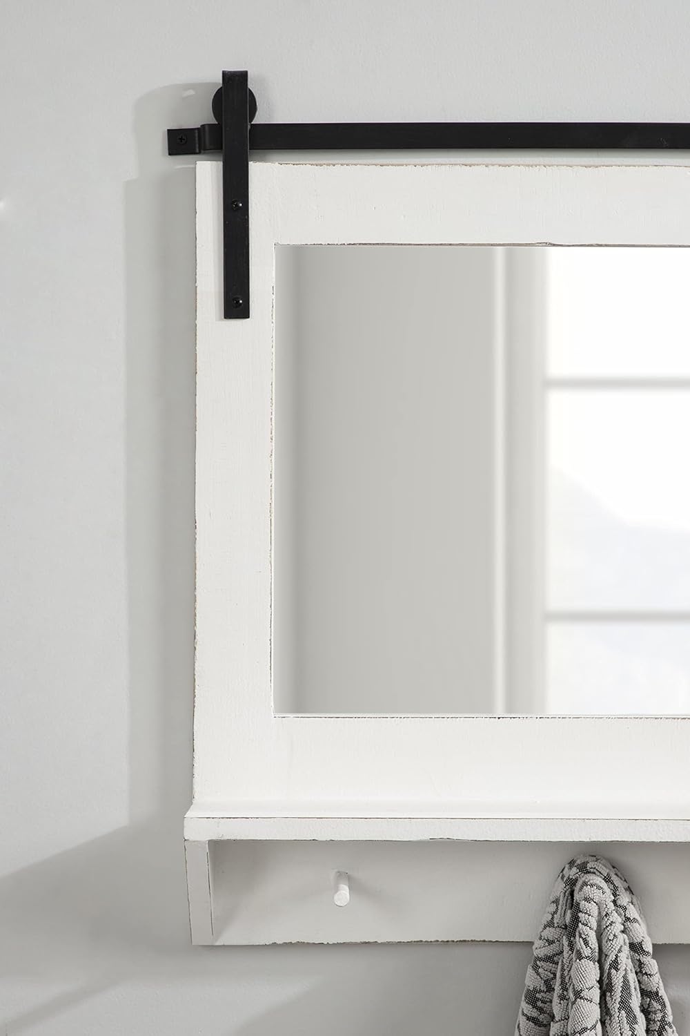 Kate and Laurel Cates Farmhouse Horizontal Pub Mirror with Shelf and Hooks, 42 x 27, White, Decorative Coastal Wall Mirror with Rustic Functional Storage