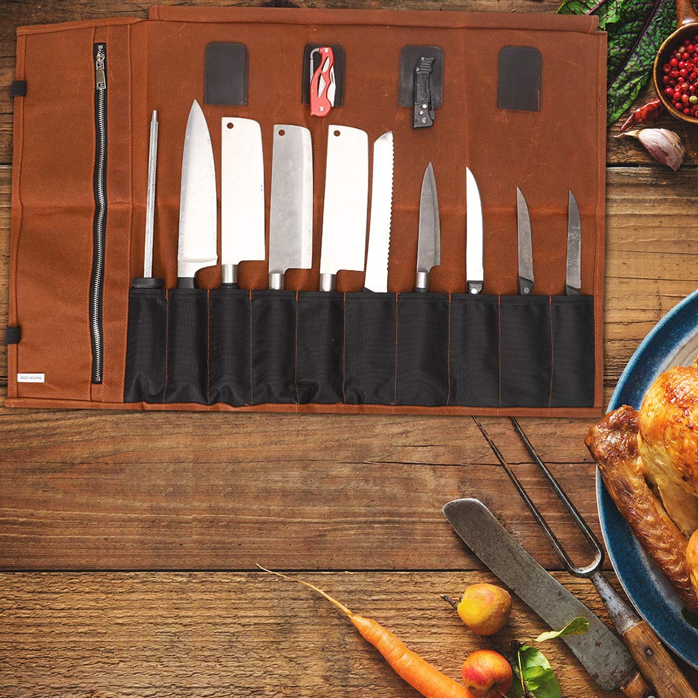 Chef Messer Rolle Tasche 16 Oz gewachste Canvas wasserdichte Reißverschluss Werkzeugtasche 15 Slots Küchengeräte Kleine Messer Display Aufbewahrungstasche Geschenk Dad Ehemann