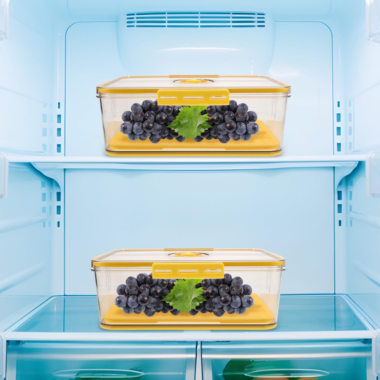 Kühlschrankbox Frischebox aus Pet mit 4-seiten Verschluss und Dichtungsring | Abtropfplatte, Gelb, für Küche und Vorratsraum, mit Zeitwahl für Obst und Zutaten