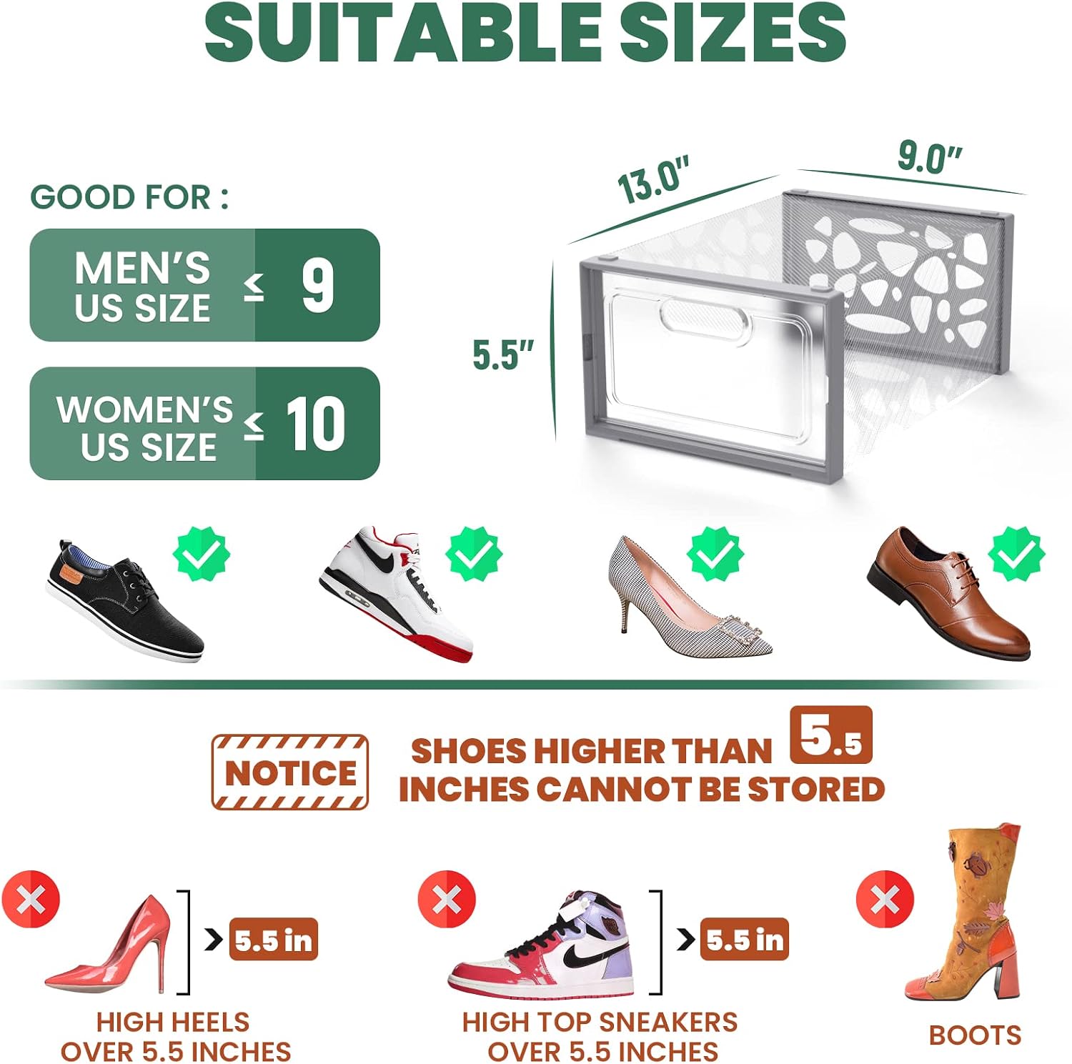 WALL QMER Shoe Storage, 12 Pack, Shoe Boxes Clear Plastic Stackable, 13” x 9” x 5.5”, Shoe Organizer for Closets, Easy to Assemble, Sturdy, Front Opening, Clear Shoe Containers