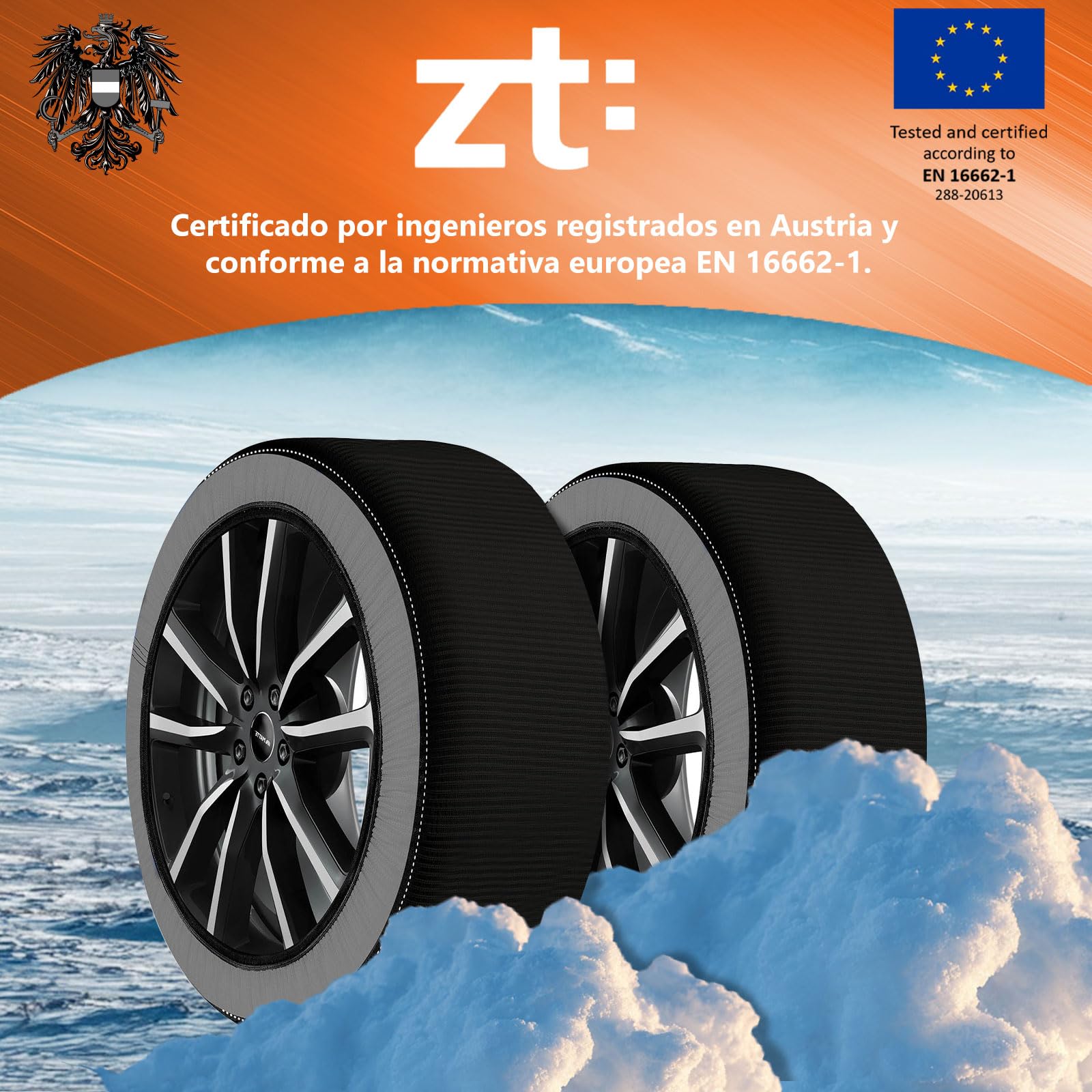 Cadenas de Nieve Textiles (Pack de 2) - Fundas de Nieve para Coche Talla L | Homologación Europea EN16662-1 (V5117) | Montaje Ultra Rápido en 2 Minutos, Sin Vibraciones ni Ruido (Negro, L)
