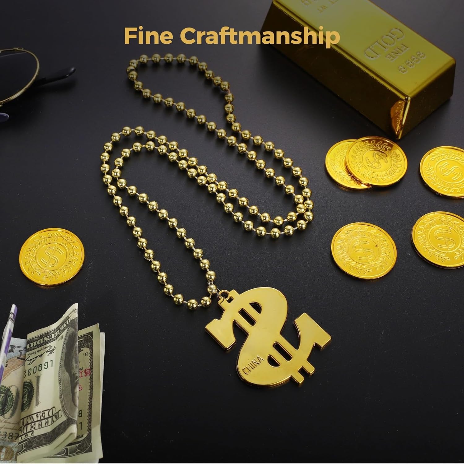 24 Pcs Party Favors: Gold Chain Necklaces With Dollar Sign Pendant, 33 In Long, Fake Gold Chains For Costume Celebrations