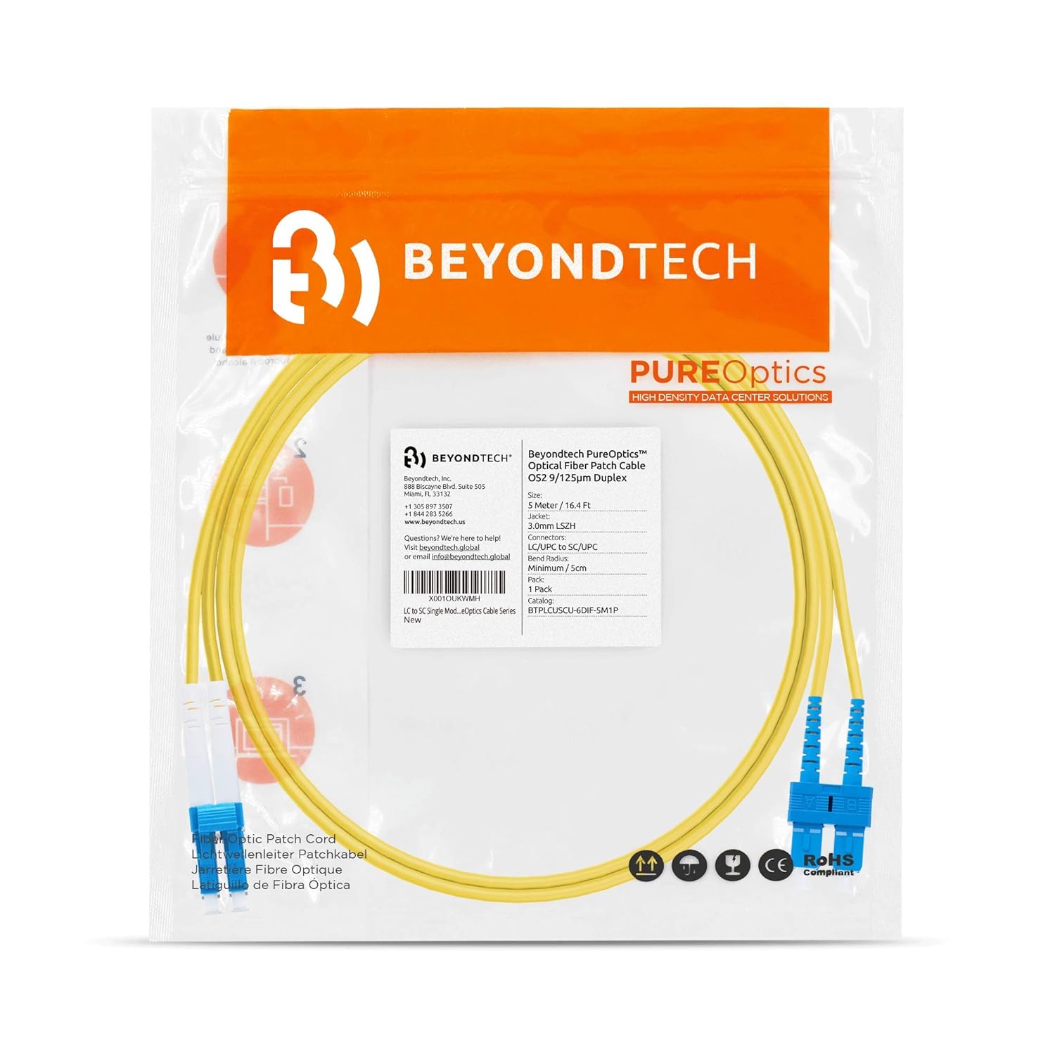 BEYONDTECH 5m (16.4ft) LC to SC Fiber Patch Cable – UPC Single-Mode Duplex Fiber Optic Cable – 9/125µm core, Compatible with OS1 & OS2 – 100G LSZH PUREOptics Series – Insensitive
