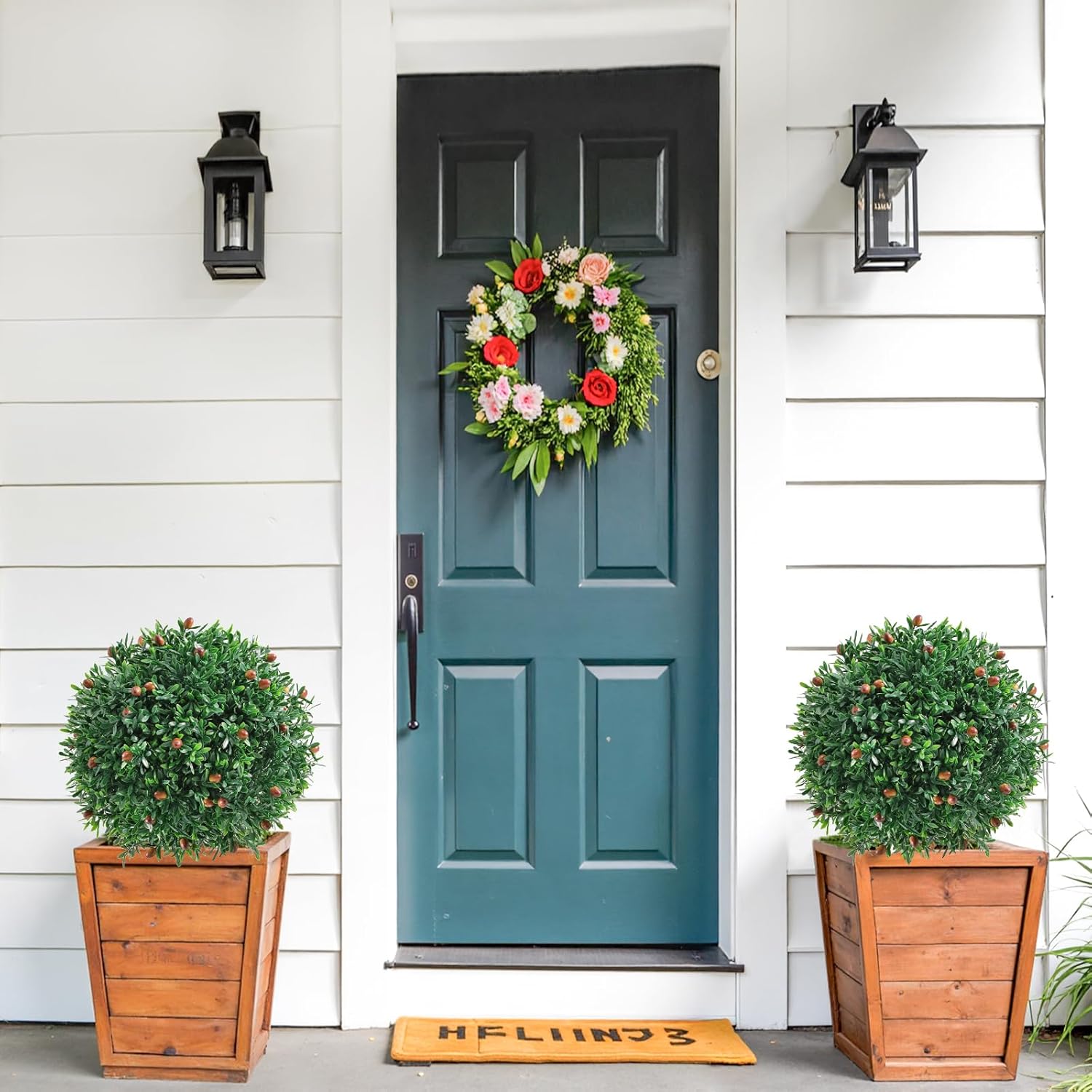 25.6‘’ Artificial Boxwood Topiary Tree with Olive，Set of 2 Artificial Outdoor Shrubs with Ground Spike,UV Resistant Fake Bushes Outdoor Plants Fake Evergreen Tree for Front Porch Garden Decor