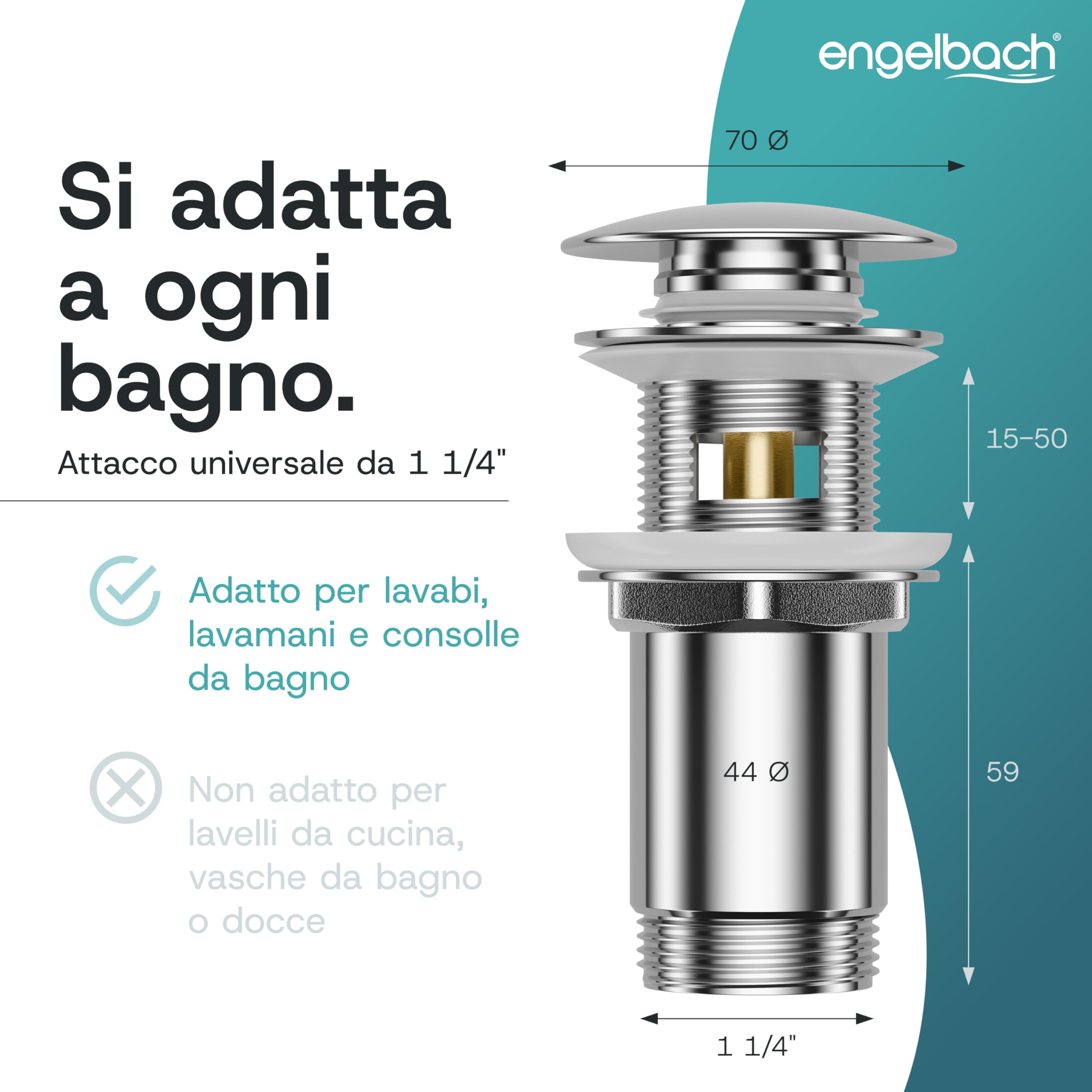 Engelbach® Piletta lavabo con troppopieno – Scarico Click Clack con 3 guarnizioni – Valvola di scarico universale per lavabi da bagno