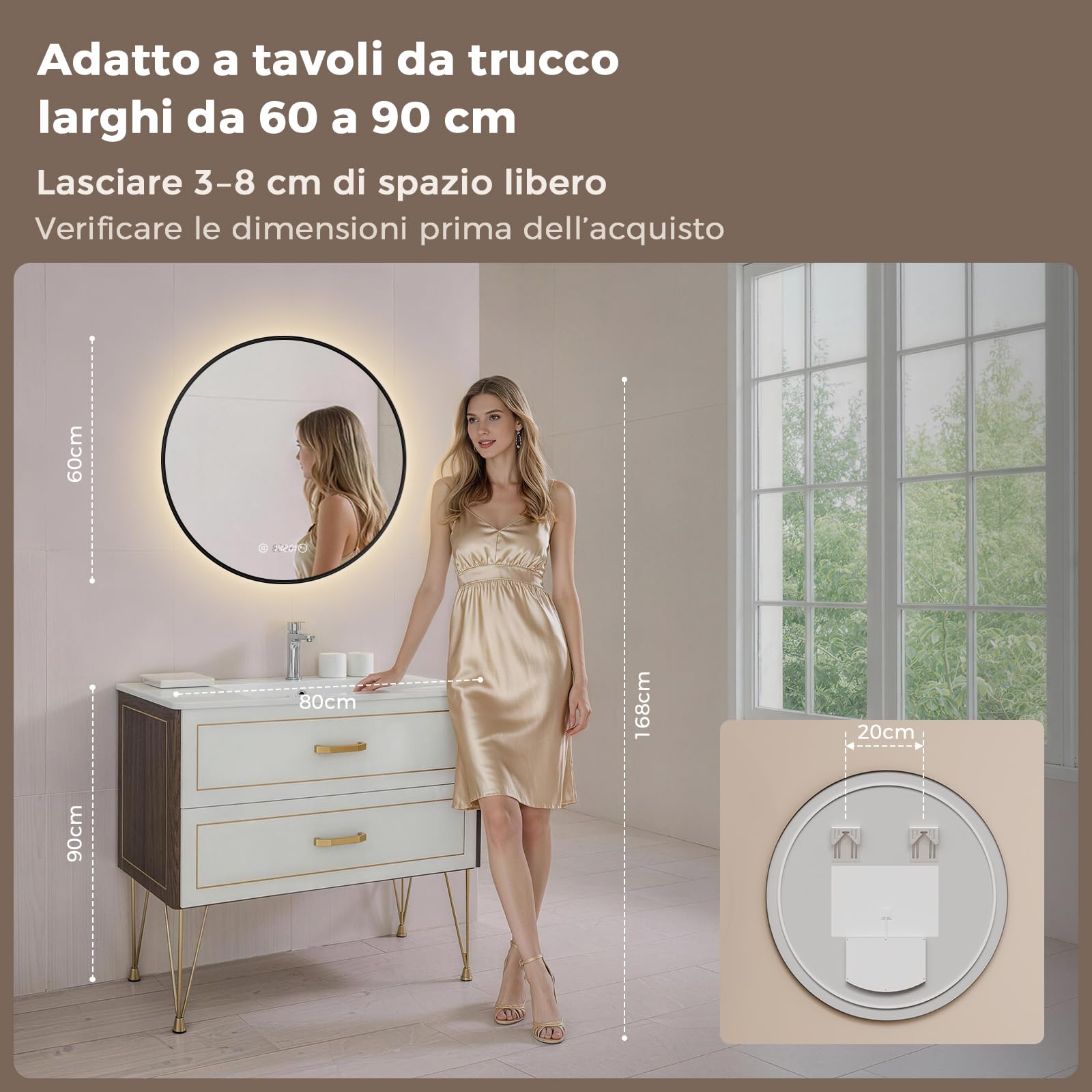 S'AFIELINA Specchio Bagno con Luce rotondo Ø 60 × 3 cm (P), Cornice Nera, Touch, Dimmerabile, Antifog, Orologio, Temperatura, Funzione Memoria, Specchio Bagno Retroilluminato, HD Vetro Temperato