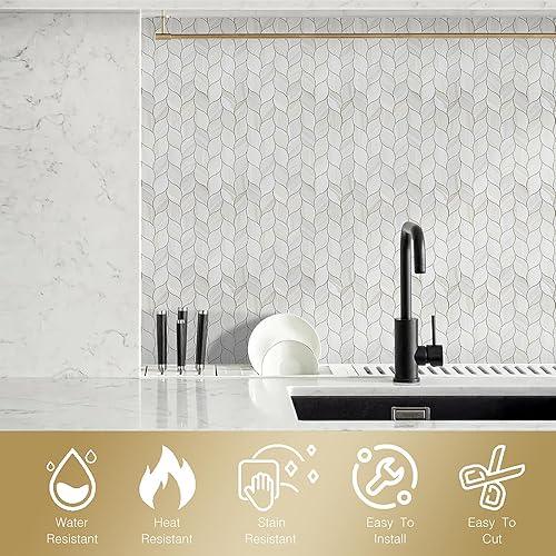 Miniatura 3 de Azulejo autoadhesivo de 10 hojas para cocina, mosaico autoadhesivo en forma de hoja de PVC, azulejos de pared de metal mixto con huecos (hoja beige)