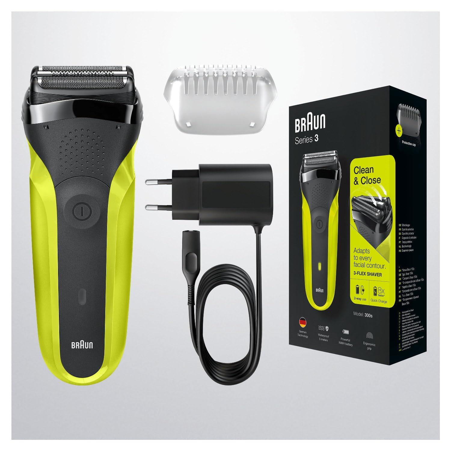 Braun Serie 3 300 Rasoio Elettrico Barba, Wet&Dry, Regolabarba Uomo, Rasoio Barba, 3 Lame Flessibili, Regolabarba Braun, Ricaricabile e Senza Fili, Nero/verde Elettrico
