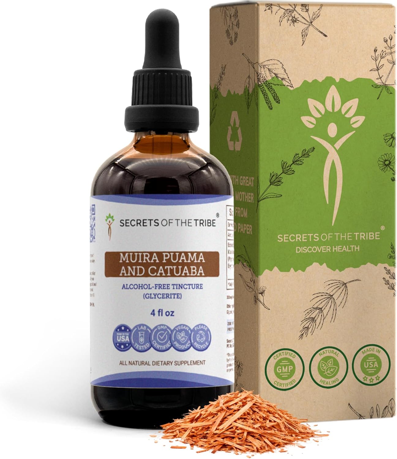 Secrets of the Tribe Muira Puama and Catuaba Alcohol-Free Liquid Extract (Ptychopetalum Olacoides and Erythroxylum Catuaba) Dried Bark Tincture Supplement (4 FL OZ)