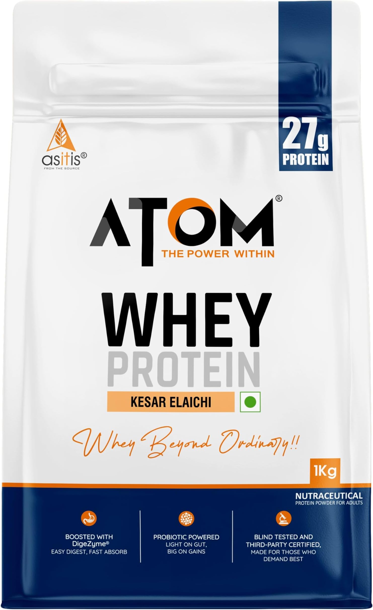 AS-IT-IS ATOM Whey Protein 1kg with Digestive Enzymes | Kesar Elaichi Flavor | 27g protein | 5.7g BCAA | Lab Tested