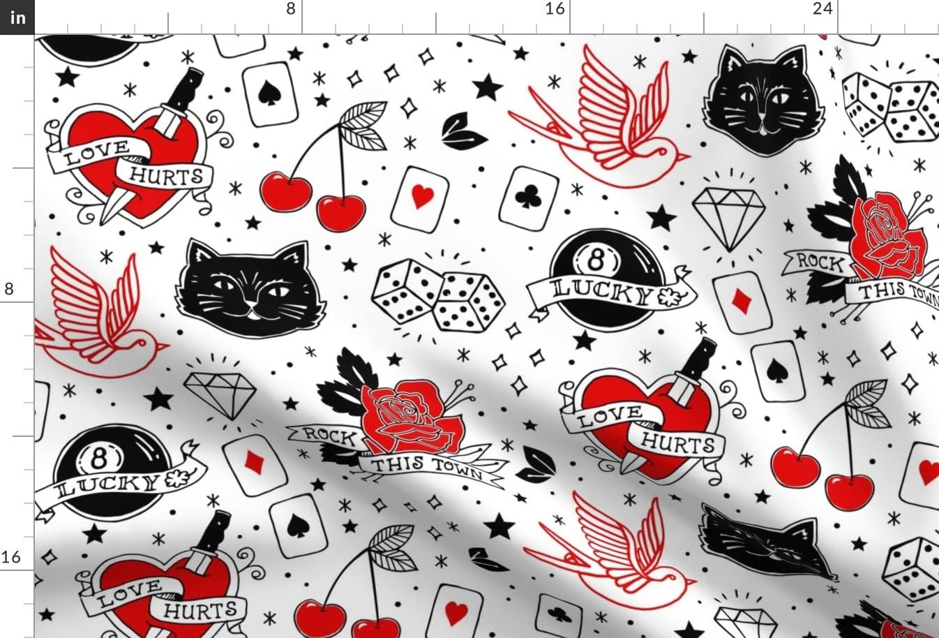 Spoonflower Fabric - Rockabilly Tattoos Large Tattoo Rock Roll Heart Luck Black Cat Bird Printed on Minky Fabric by The Yard - Sewing Baby Blankets Quilt Backing Plush