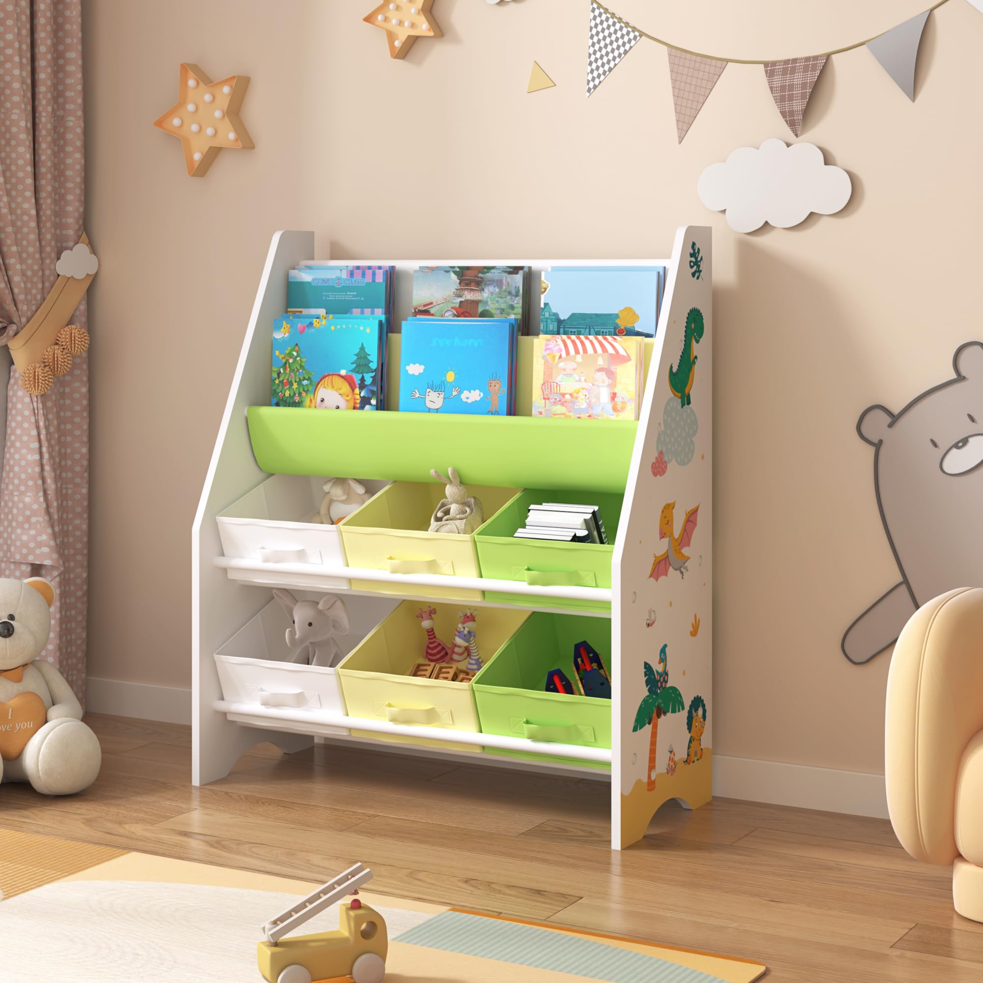 [en.casa] Estantería para Niños Organizador de Libros y Juguetes Motivo de Dinosaurio con 6 Cajas Aglomerado/Poliéster 74 x 62 x 27 cm Blanco y Verde/Amarillo