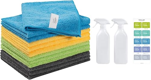 CLICK CLEAN Paños de limpieza de microfibra, paquete de 12 unidades, tamaño 12 x 16 pulgadas, 2 botellas vacías de 18.6 onzas y 10 etiquetas