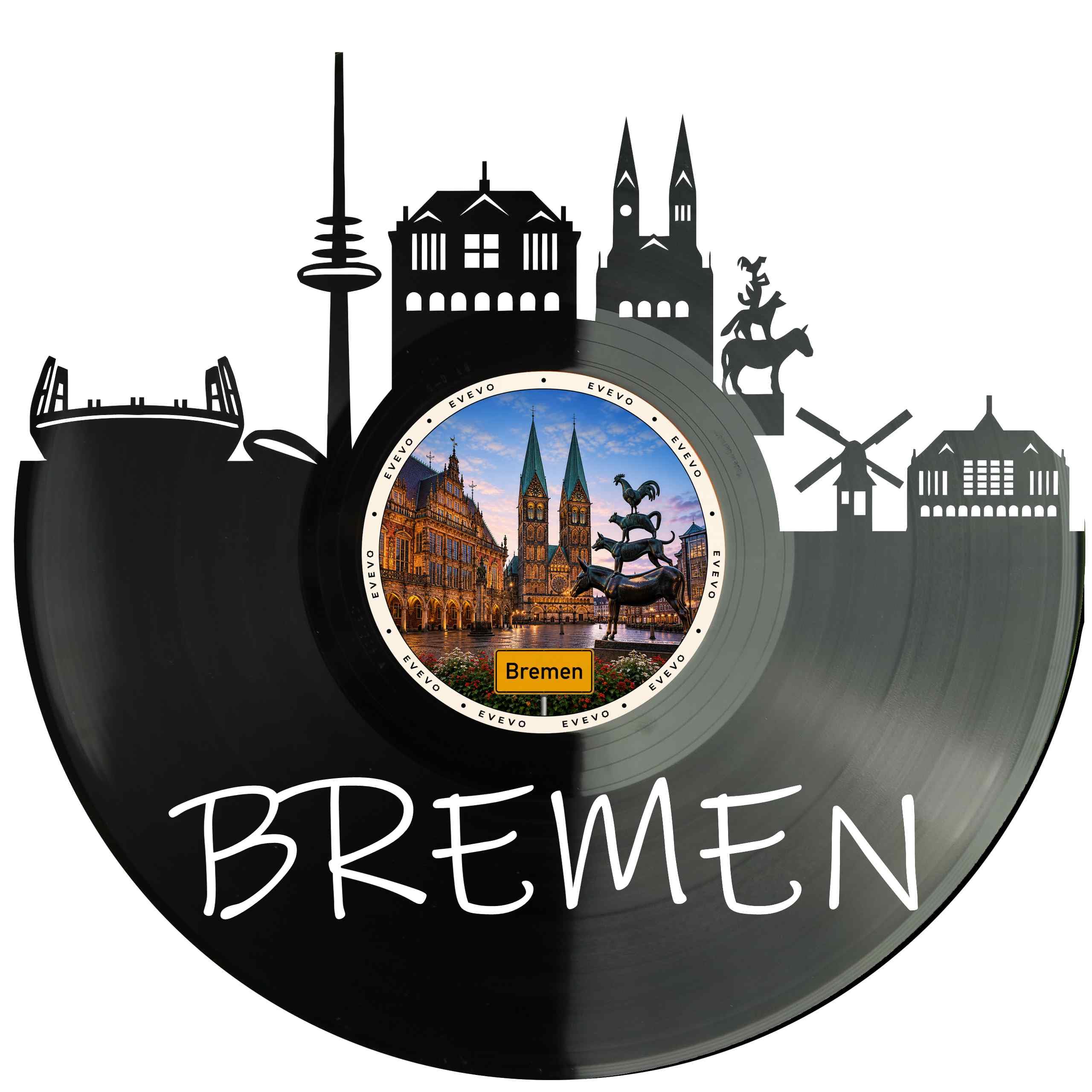 EVEVO Dekoracja ścienna z płyty gramofonowej Brema - winylowa sztuka ścienna Hanse Skyline prezent dla fanów Bremy, miłośników Roland Weser-Lasa D0051