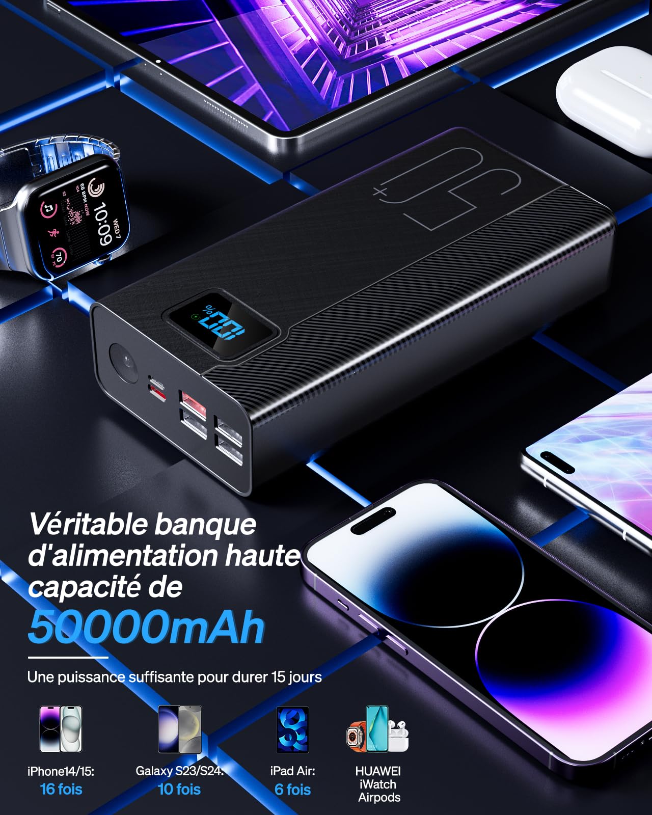 Power Bank 50000mAh, Batterie Externe de 22,5 Watts, Charge Rapide, Haute capacité, 5 Sorties et 3 entrées 3P MP3 Players, with Music cisuM