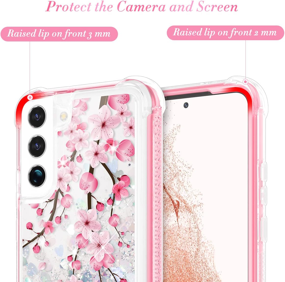 Caka Case Compatible for Galaxy S22 Case, Samsung S22 Glitter Case with Built-in Screen Protector Flower Girly Girls Women Liquid Sparkle Flowing Case for Samsung Galaxy S22, Cherry Blossom