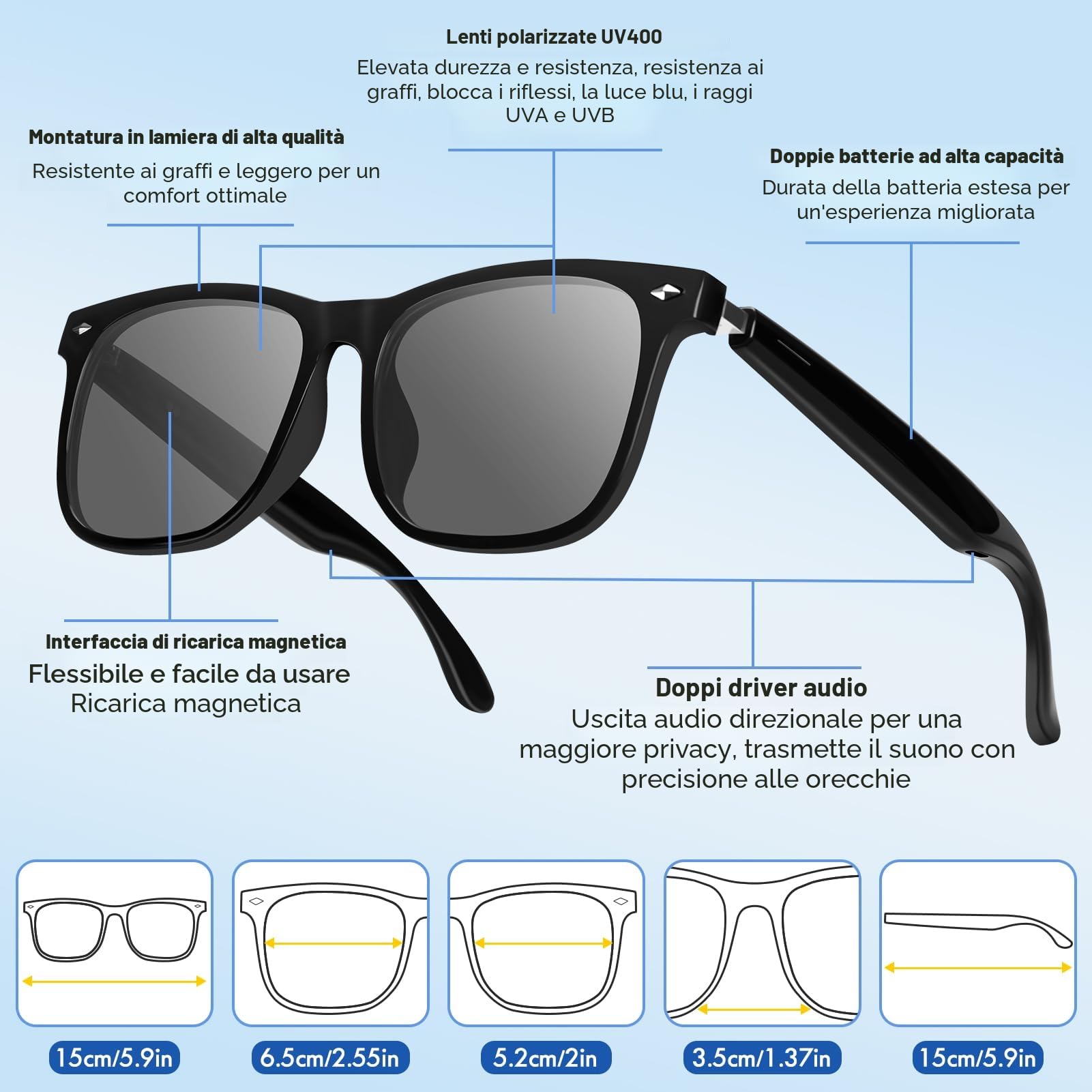 Occhiali intelligenti, occhiali AI Bluetooth con altoparlante 115 lingue traduttore AI, accenti, traduzione in tempo reale, protezione UV lenti polarizzate occhiali per giochi riunioni viaggi