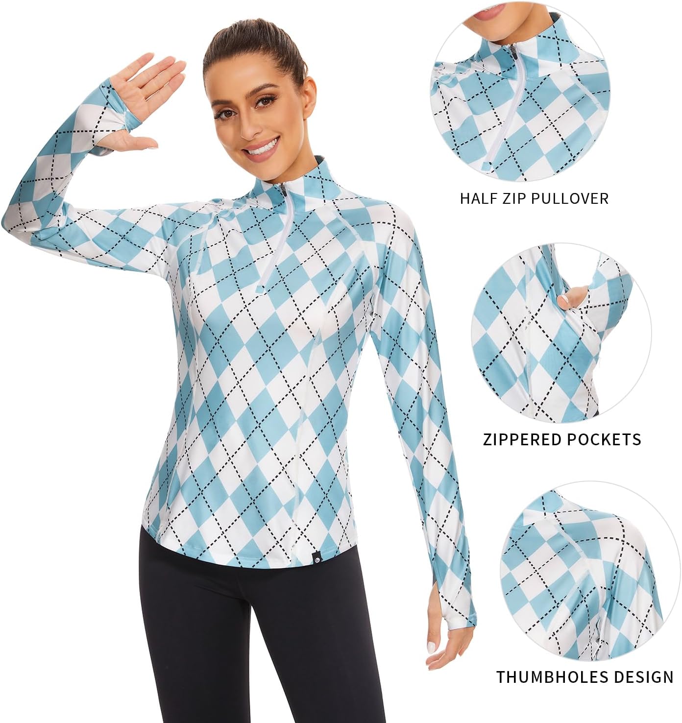 Soneven Long Sleeve Golf Polo Shirts for Women Stand Up Collar Tops Athletic Half Zip Pullover with Thumb Holes Pocket