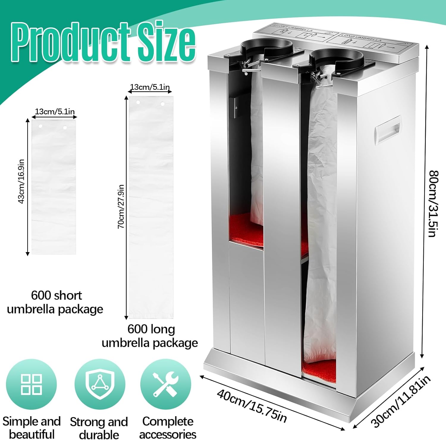 Moxweyeni Automatic Wet Umbrella Packing Wrapper Machine Stainless Steel Double Slots Umbrella Dispenser Holder with 600 Long and 600 Short Bags for Commercial Shopping Mall Hotel
