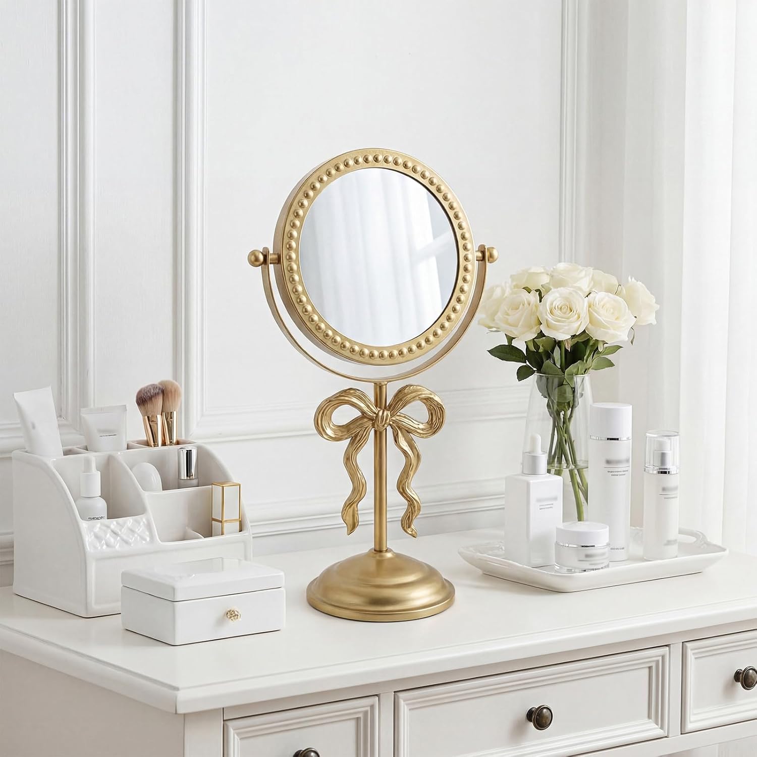 Novabright Golden Bow Vanity Makeup Mirror Tabletop One-Sided Mirror Vintage 7-inch Aesthetic Mirrors with Stable Base Swivel Design for Mothers Mom Gift Bedroom, Bathroom, Living Room & Dorm