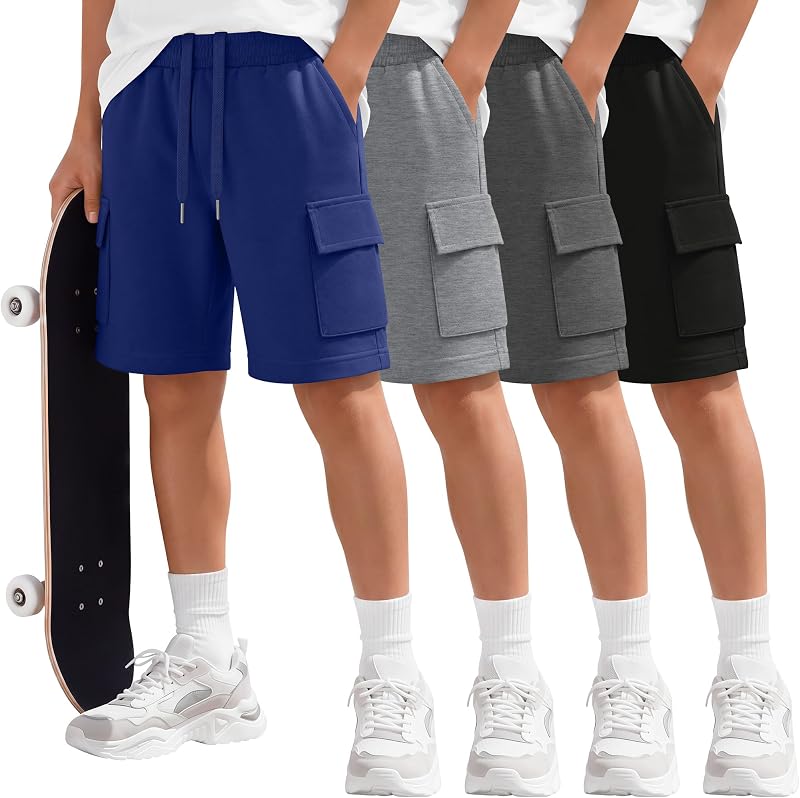 4 Pack Boys Cargo Shorts with Pockets | Back to School Wear, Drawstring Elastic Waist, Bermuda Sweat Shorts, Athletic Summer Bottoms, Kids, Teen, Casual Play, 5-14Y