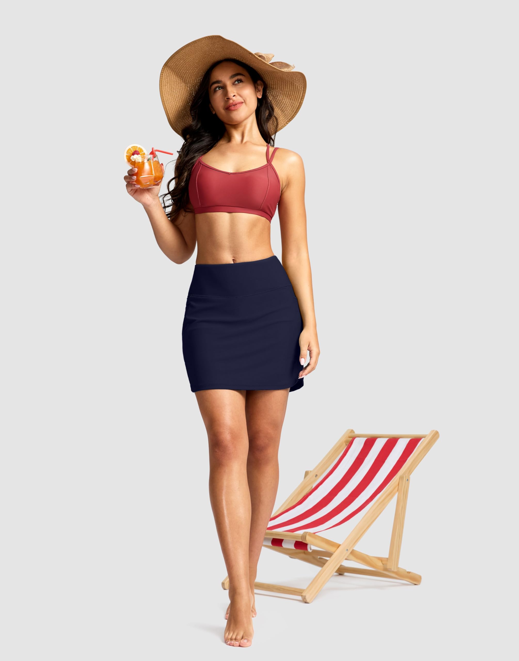 SANTINY Falda de natación para mujer de 17 pulgadas de largo con bolsillos, cintura alta, modesto, control de abdomen, falda de traje de baño