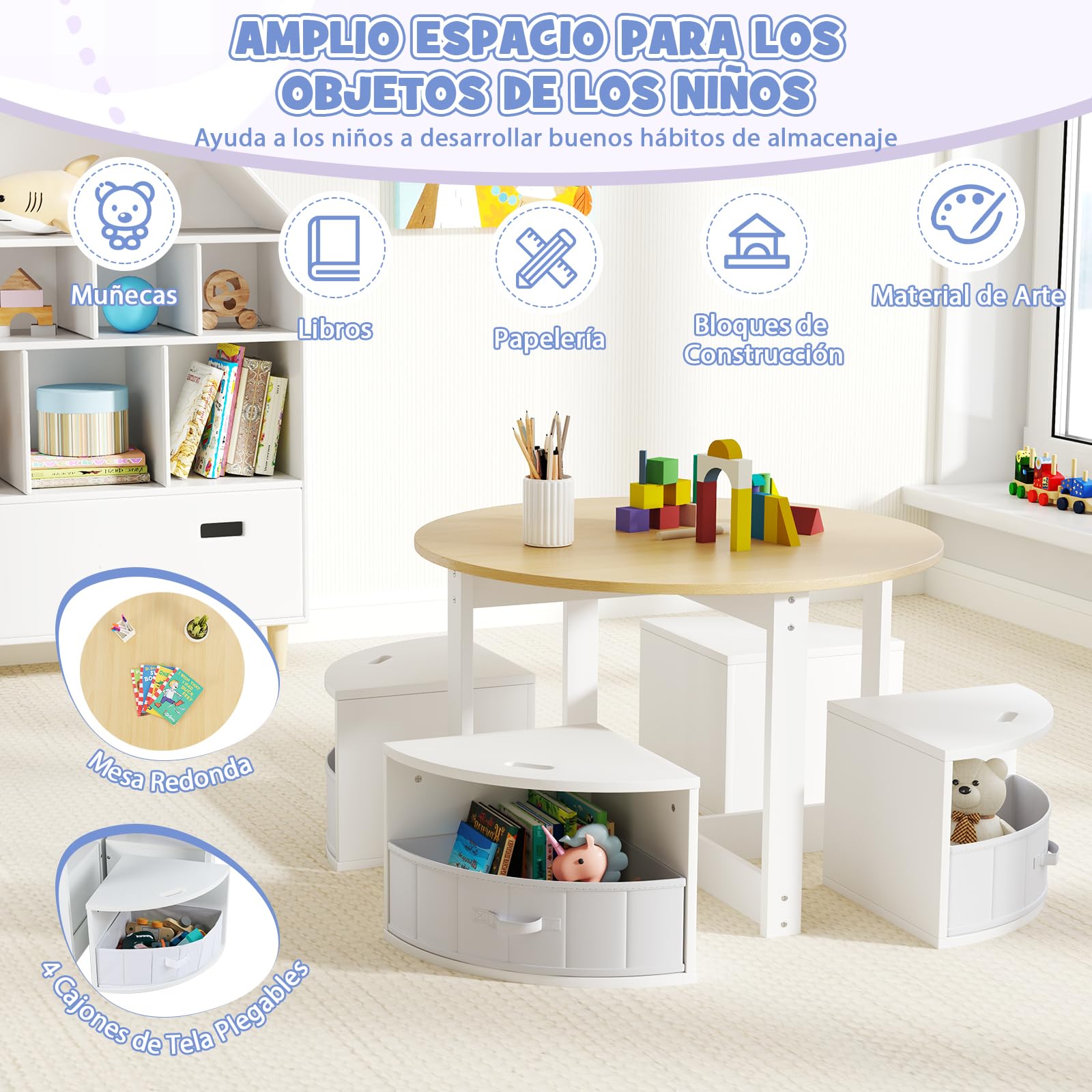 GOPLUS Juego de Mesa y Sillas para Niños de 5 Piezas, Mesa Redonda con 4 Taburetes Apilables con Cajones de Tela, Asientos de Madera con Almohadillas Antideslizantes para Niños de 3+ Años (Natural)