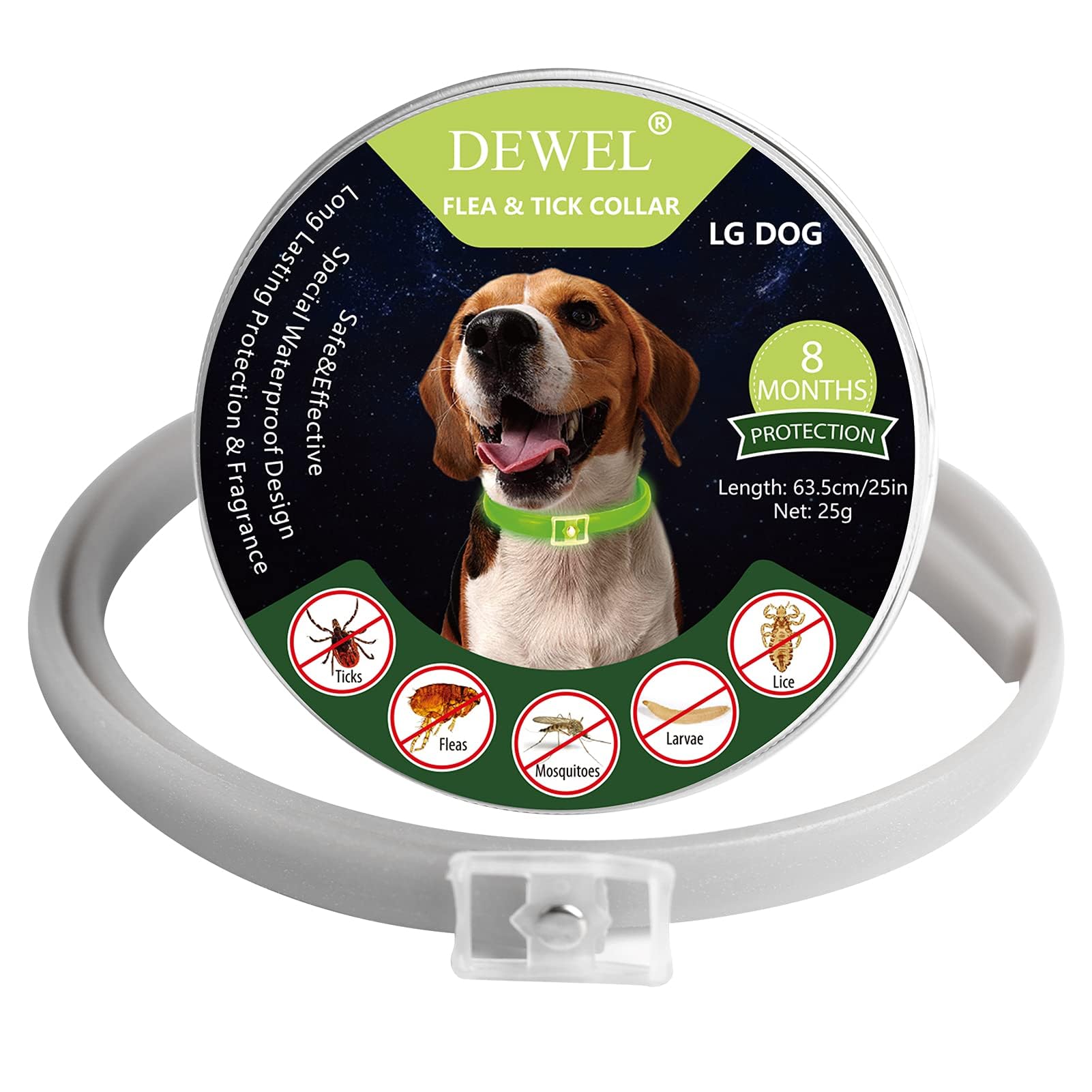 DEWEL Collar Antiparasitario Luminoso en Noche sin Electricidad, Collar contra Pulgas, Garrapatas, Piojos y Mosquitos, Tamaño 63,5cm para Perros Grandes, Medianos y Pequeños