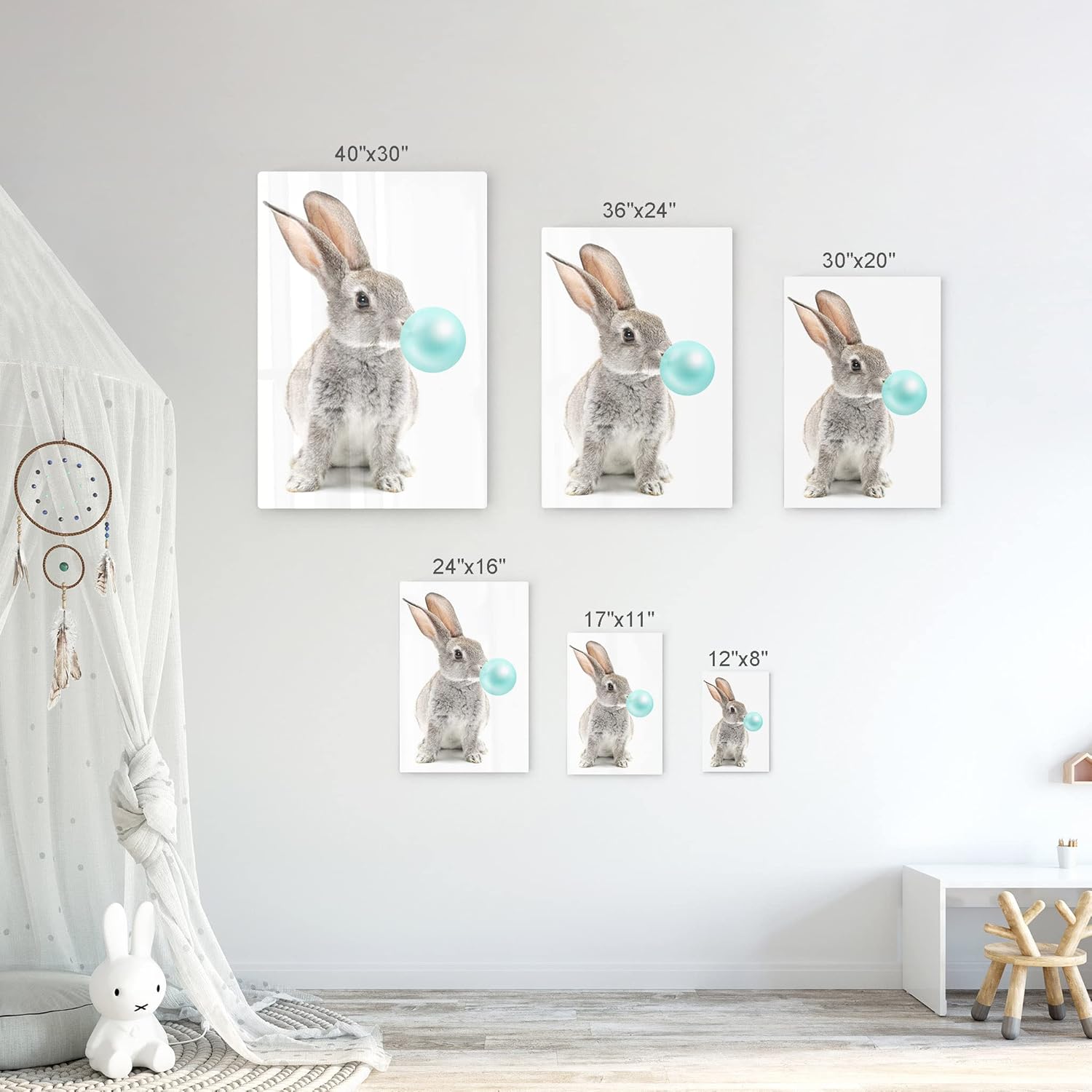 Smile Art Design Bunny Rabbit Animal Bubble Gum Art Turquoise Teal Blue METAL PRINT Metal Wall Art Home Decoration Pop Art Living Room Kids Room Decor Nursery Decor Ready to Hang Made in USA - 12x8