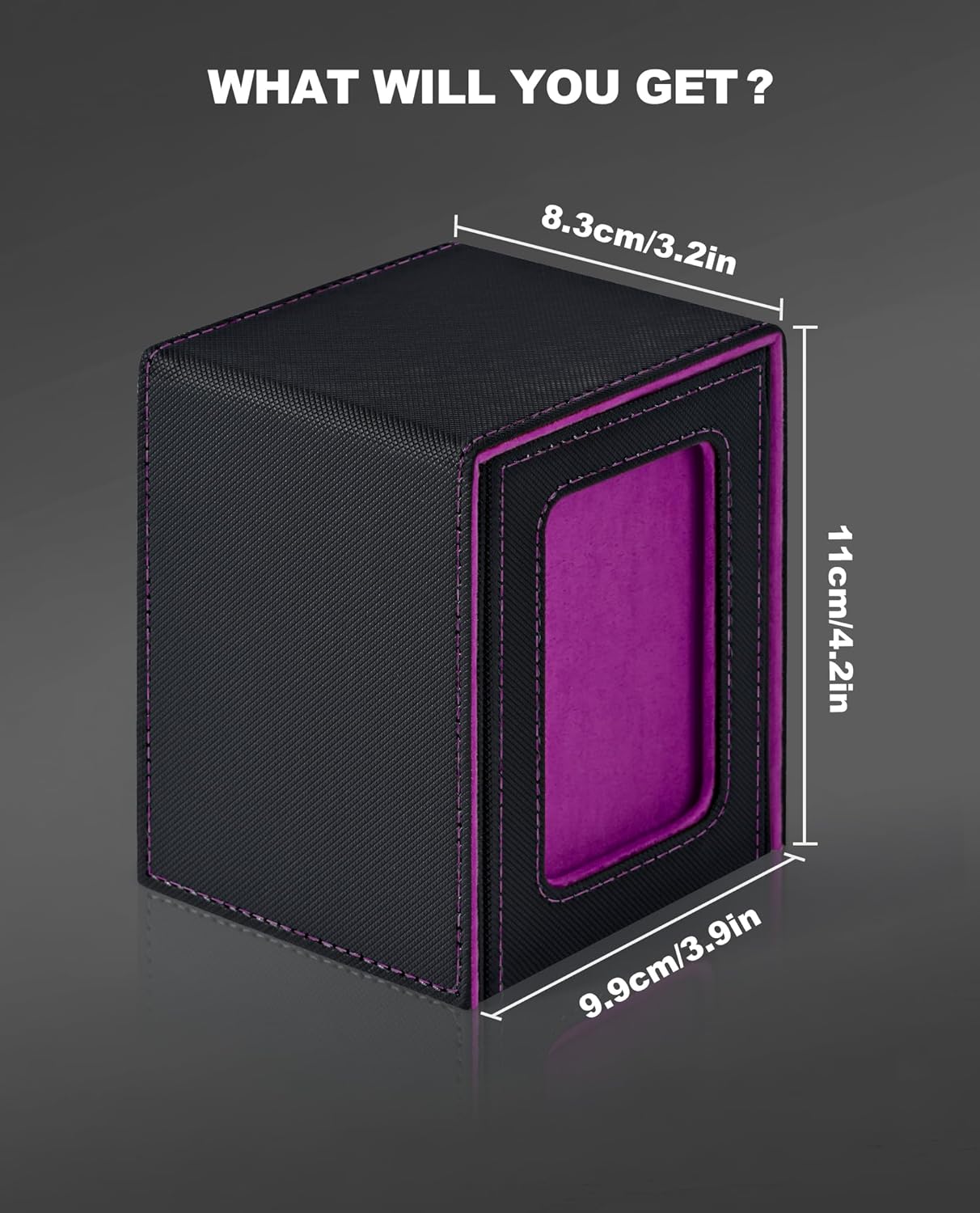 MTG Card Deck Box with Commander Window Display, Leather Magnetic Card Storage Box Holds 100 Double-Sleeved Cards Suitable for TCG/CCG/PTCG/EDH/Magic/Sport Cards(Black&Purple)