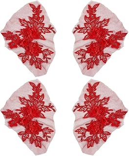 4Pcs Red Flower Applique 3D Floral Embroidery Vintage Appliques Polyester Soild Embroidered Lace Trim Sew on Patches Bulk for Sewing Making Dress Clothes Gowns Wedding Bridal Costumes Supply