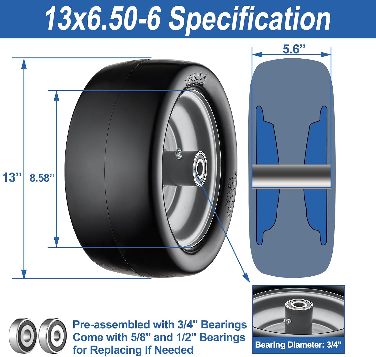 13x6.50-6 Lawn Mower Tires Flat Free Zero Turn Front Tires with 3/4", 5/8" and 1/2" Bearings, 5.6"- 8.7" Centered Hub, Compatible with Lawn Mower Garden Tractor Silver Gray Rim - 2Pack 13x6.50-6 Gray -2Pack