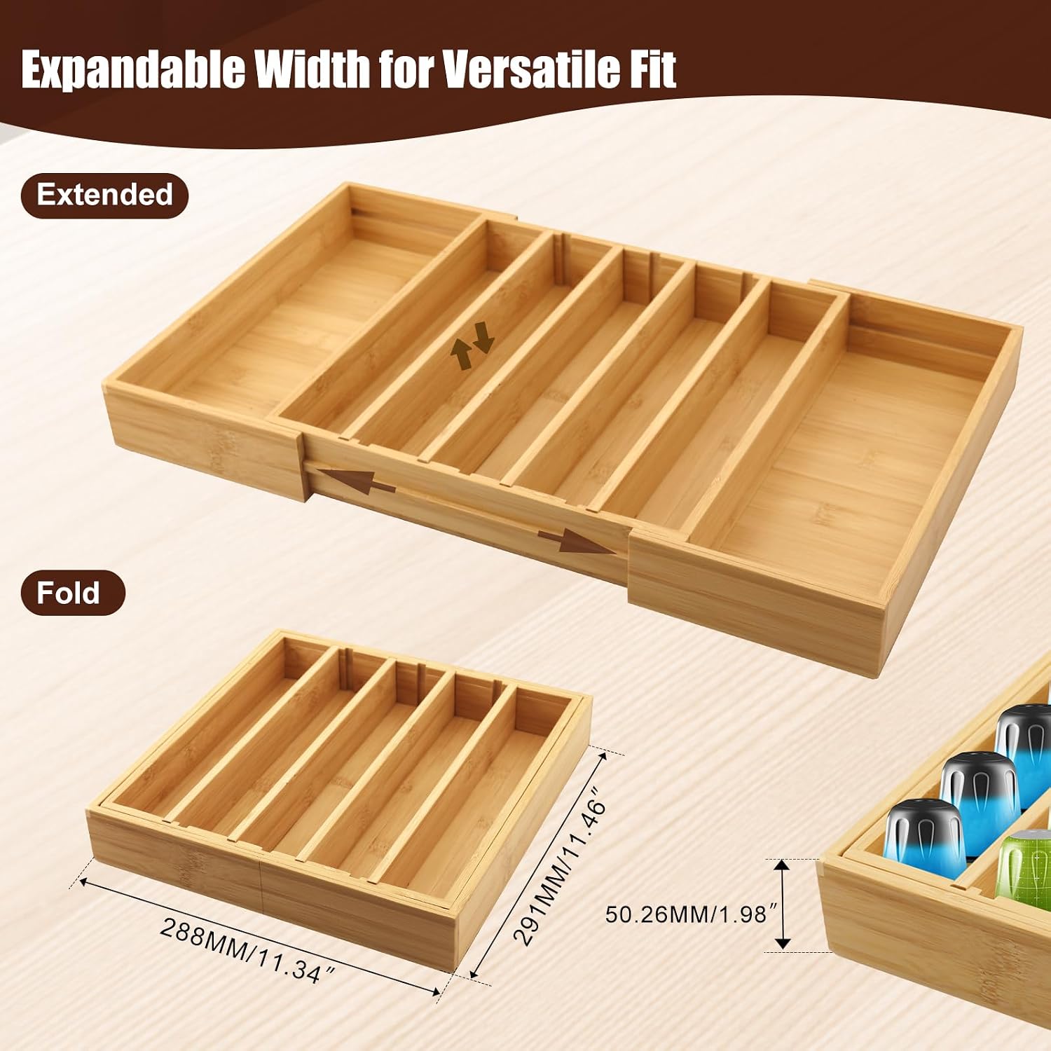 CNQLIS Expandable Bamboo Coffee Pod Drawer Organizer, 25-45 K Cup Holder for Nespresso Vertuo Capsules, Adjustable Drawer Storage for Coffee Shops, Offices, and Kitchens