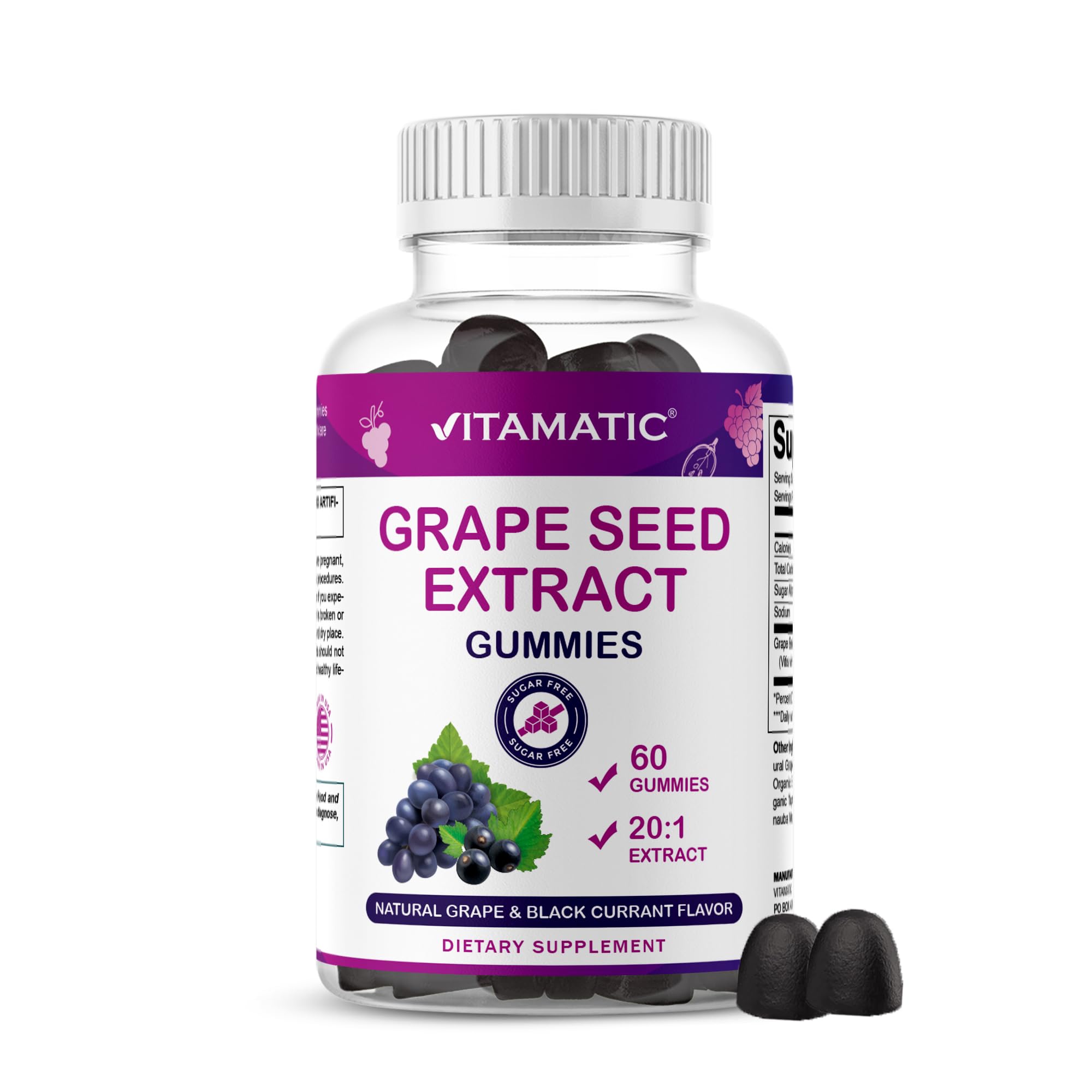 Vitamatic Grape Seed Extract Gummies – Plant-Based Botanical Extract – Natural Grape & Black Currant Flavor – Vegan, Non-GMO – Herbal Supplement – 60 Gummies