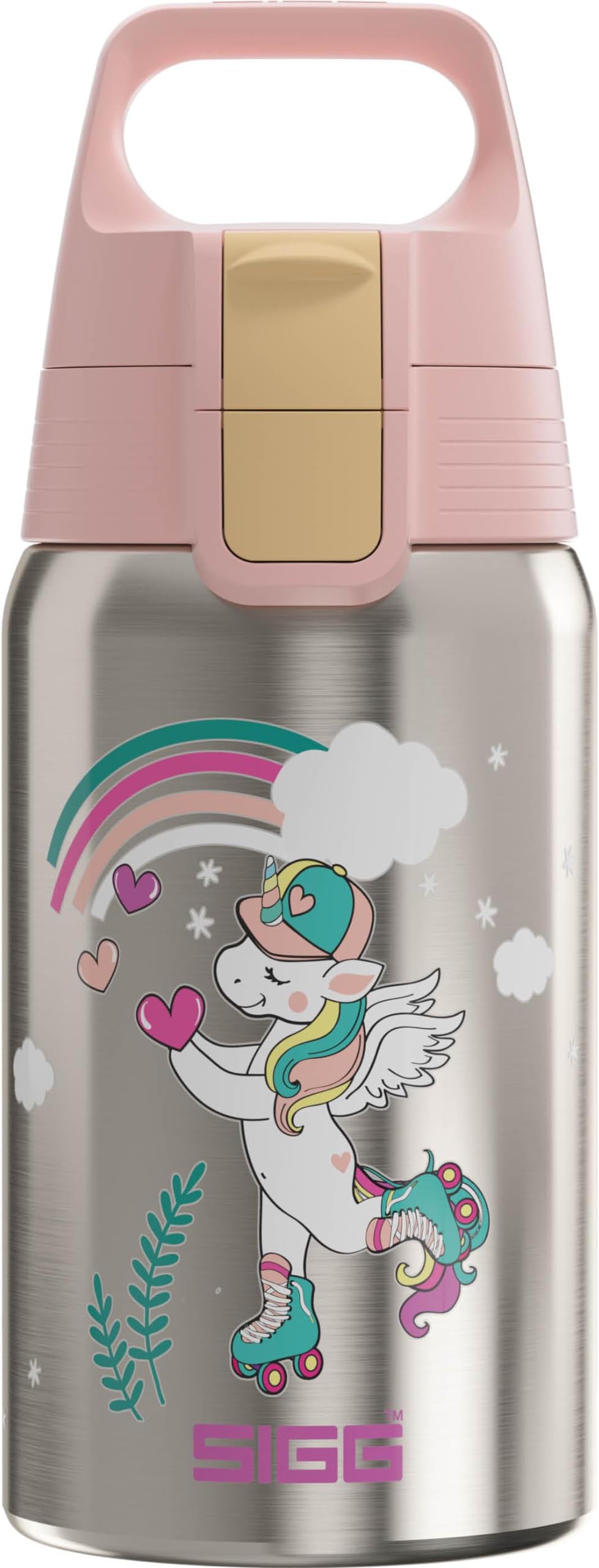 Stainless Steel Kids Water Bottle - Shield One Uni Skate - Suitable For Carbonated Beverages - Leakproof - Lightweight - BPA Free - Brushed with Unicorn - 0.5L