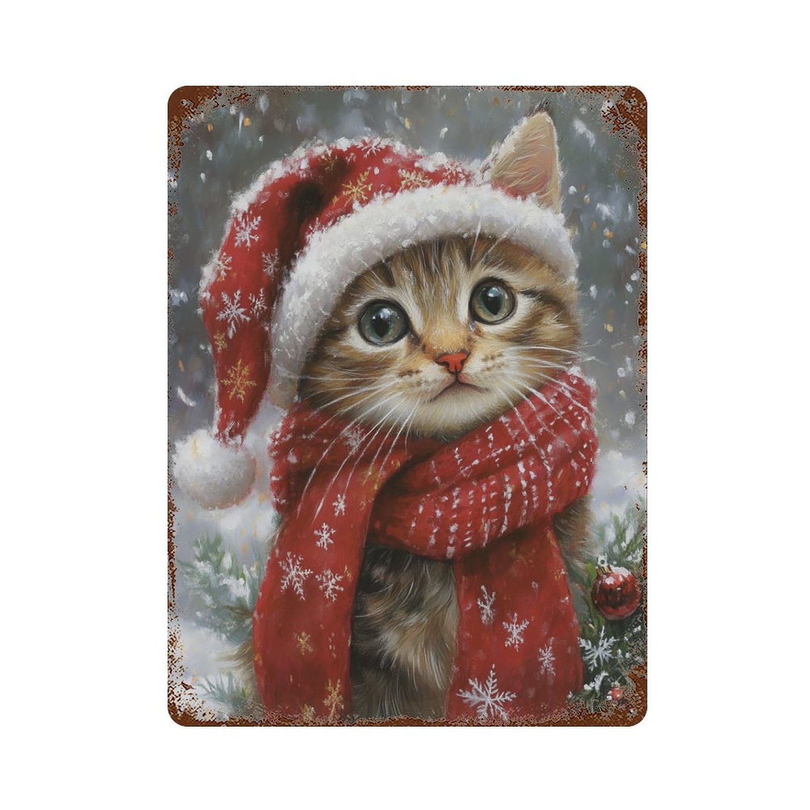 Aged Metal Wall Plaque with Christmas Cat with Santa Hat Design 15.7"x11.8", for Shed, Workshop And Garage Wall Decor, Decorative Metal Wall Art