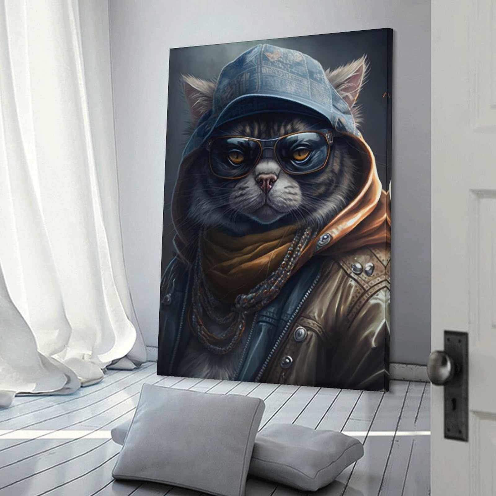 Junmoney Rapper Cat with Glasses Canvas Art Print 20x30inch(50x75cm), for Gallery Wall Layouts in Home Or Office, Decorative Artwork with Flexible Styling